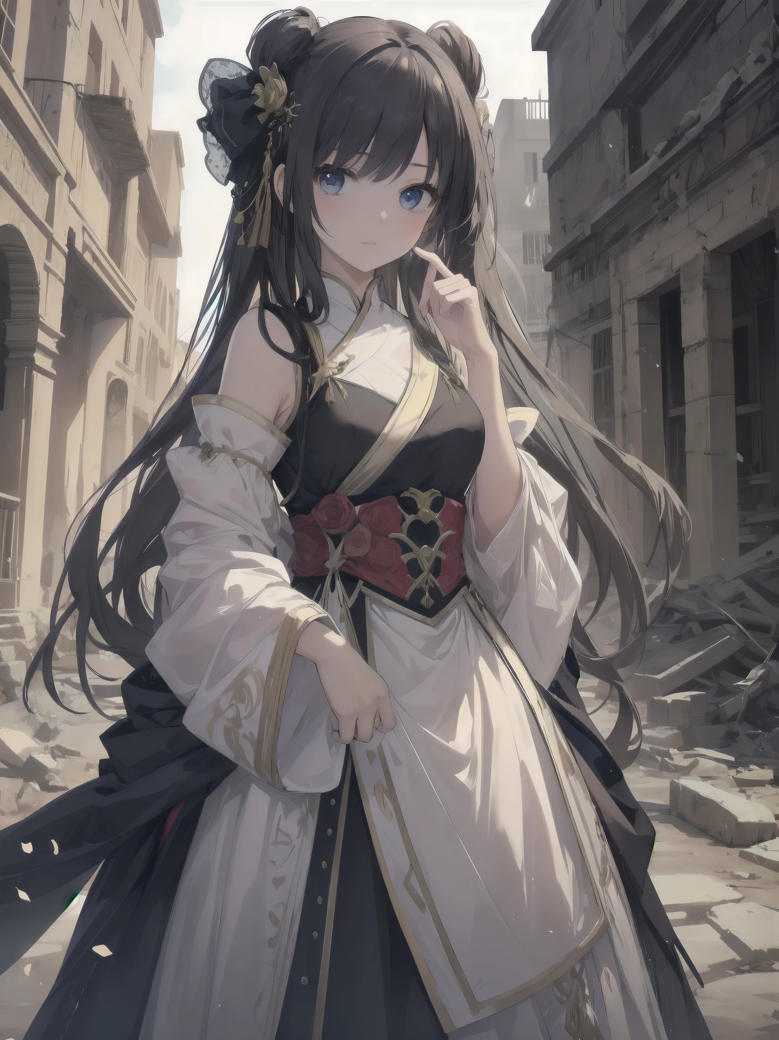One girl、Standing against the backdrop of the majestic ruins of an ancient ruin。her costume is、A design that is neat yet gives you a sense of ancient mystery.、The realistic feel and texture of the material stands out.。her face is perfectly drawn、Capture the hearts of viewers with your clever gestures。The surrounding area is illuminated with artistic shading effects.、It makes her presence even more prominent.。This scene is、Combines cinematic dynamism and storytelling、A high-quality, super-detailed illustration that brings out the charm of the main heroine.