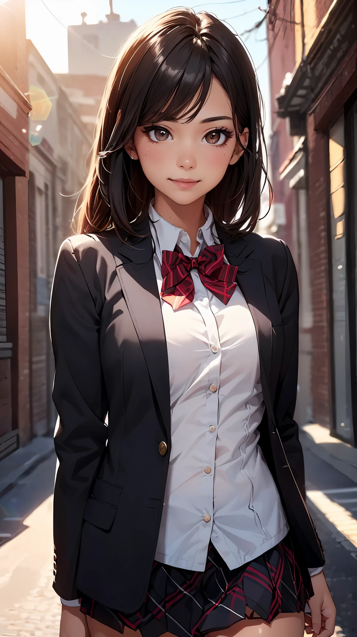 concept:A portrait of a beautiful woman。
quality:(最高quality, 4k, High resolution, masterpiece:1.2), Super detailed, (real, photorealistic:1.37),
illumination:cinematic light, Bright colors and mesmerizing effects, 柔らかく繊細なillumination, gentle shine, Lens flare, Beautiful and gentle atmosphere throughout the scene,
Subject information:alone, ((young woman)), (round eyes), (small face), (high detail skin:1.2), long eyelashes, glossy lips, (black hair, long straight, reddish brown eyes), slim body shape:1.4, Highly detailed face and skin texture, (Happy smile:1.2), facing the front:1.2, photo shootのためポーズをとる, (((red bow tie, high school uniform:1.2, black jacket, open jacket, white shirt, plaid skirt, seductive thighs))),
Other details:after school:1.5, standing pose:1.2, beautiful skin, shiny skin, perfect fingers, five fingers, anatomically correct, background bokeh, Lens flare, 500㎜, f/4, photo shoot,