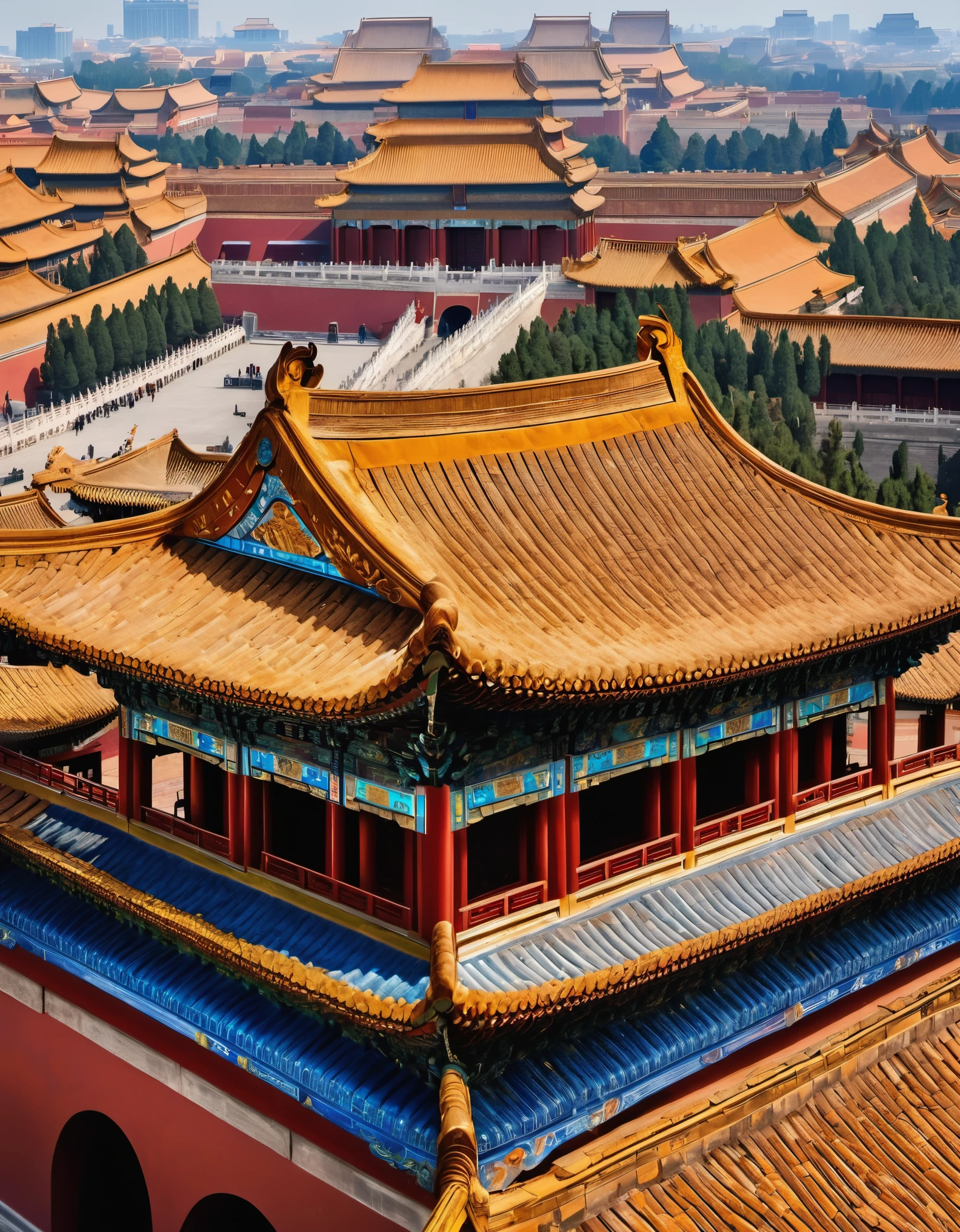 （Close-up shot of cornices and brackets from above），symmetry，of the Forbidden City，old Chinese building，background：blue sky，super high quality，super clear，Exquisite details，beautiful details，Complex bracket structure，16k，