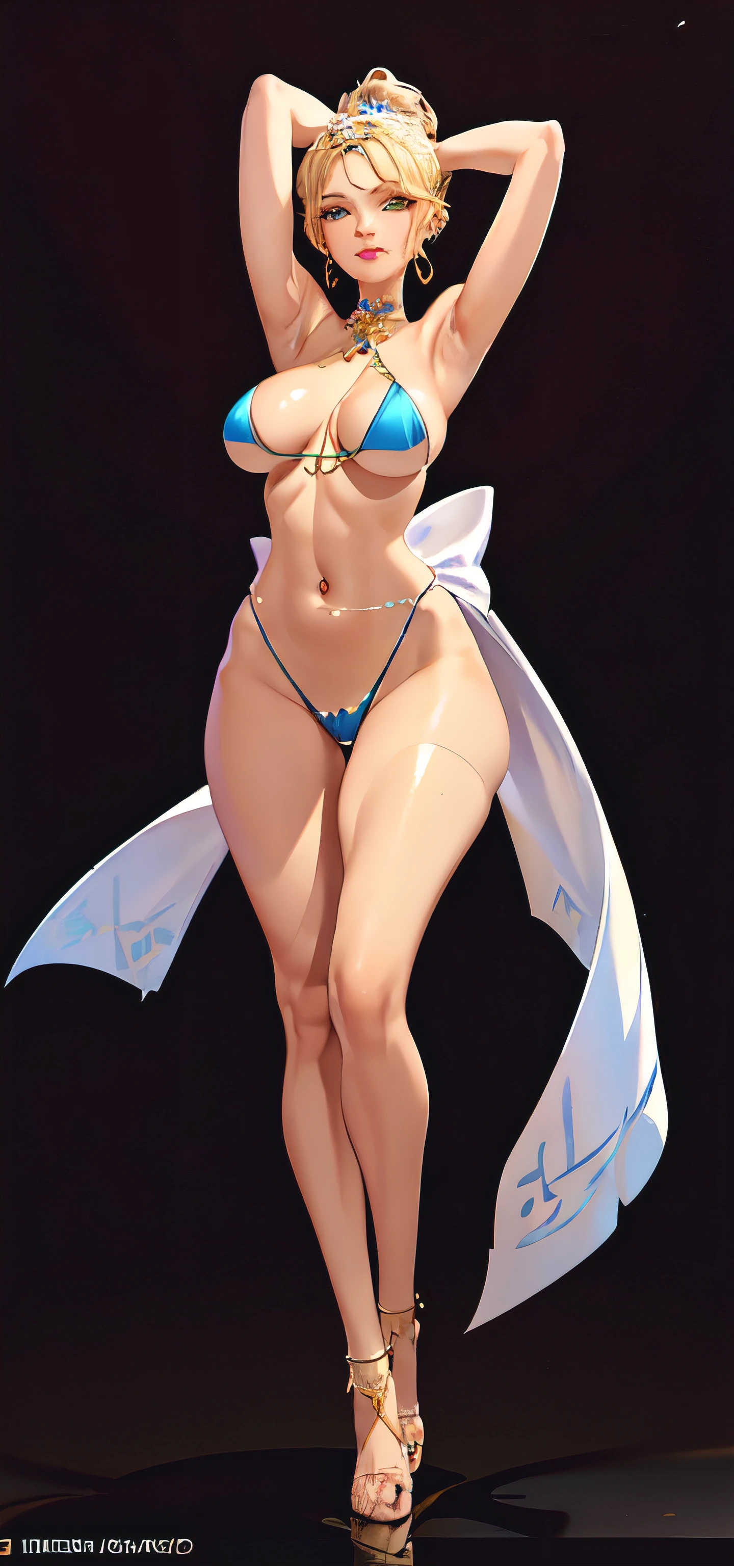 Large breasts, diamond earrings, chocker, bracelet, red lips, cute smile, revealing breasts，Bare genitalia，Camel toes，Flushed complexion, naked body, extravagant jewellery, slender body, light brown hair, navel piercing, dark background, ponytail,  blue accents, thigh gap, body jewelry, (photorealistic:1.4), (masterpiece, sidelighting), masterpiece*portrait, realistic, 3d face, shiny hair, lustrous skin, solo, (midriff),  blonde hair,nude, 