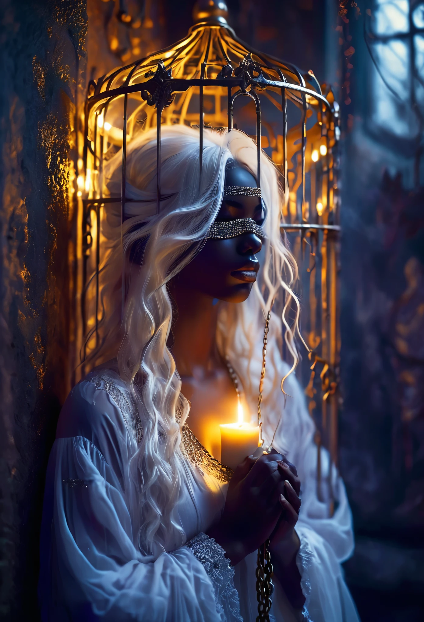 Start with a golden cage bathed in a mysterious black light, creating a sense of confinement and secrecy. The golden cage should have intricate details like iron bars and chains, suggesting imprisonment or restraint, BREAK
In this golden cage, depict a (((beautiful))) darkskin androgen with long white hair, blindfolded with a black cloth. She should be in a prayerful pose, offering her prayers with an expression of serene solemnity. Her beautiful unique features, like alabaster skin and possibly discernible white hair, should stand out against the dark setting, BREAK
Include details like flickering candlelight in the foreground, casting a warm glow and creating shadows that dance across the girl and the room. The candlelight should provide the main source of illumination, adding to the mystical and somber atmosphere, BREAK
Apply a shallow focus effect to the image, where the girl and the nearest elements like the candlelight and some of the chains are in sharp focus, while the background, including parts of the room and some iron bars, softly blur into the purple light, BREAK
Ensure the overall atmosphere of the image is one of solemnity and mystery, with the androgen's sacred presence and the room's eerie ambiance synergistically creating a powerful visual narrative.