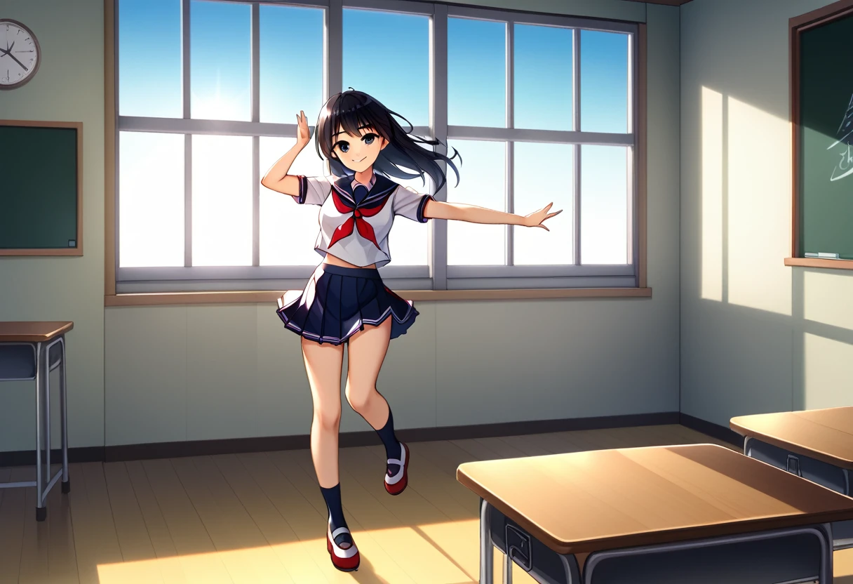 1girl, black hair、black eye、sailor suit、Japanese、classroom、sunset、emotional、stand near the window、standing pose、Look at me and smile、Backlight、smile、fluttering in the wind、the window is open