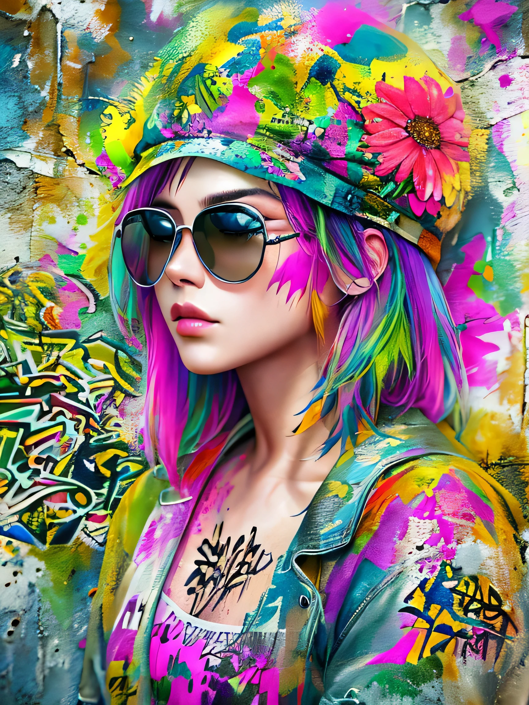 8K quality, watercolor painting, stylish design, (((The strongest beautiful girl of all time)))、Stylish sunglasses, Fashionable hats, (((highest quality))), bob hair, HDR, ((Detailed details)), skull fashion, detailed clothing texture, (((graffiti art))), colorful hair, ((masterpiece))、((Super detailed))、colorful flowers