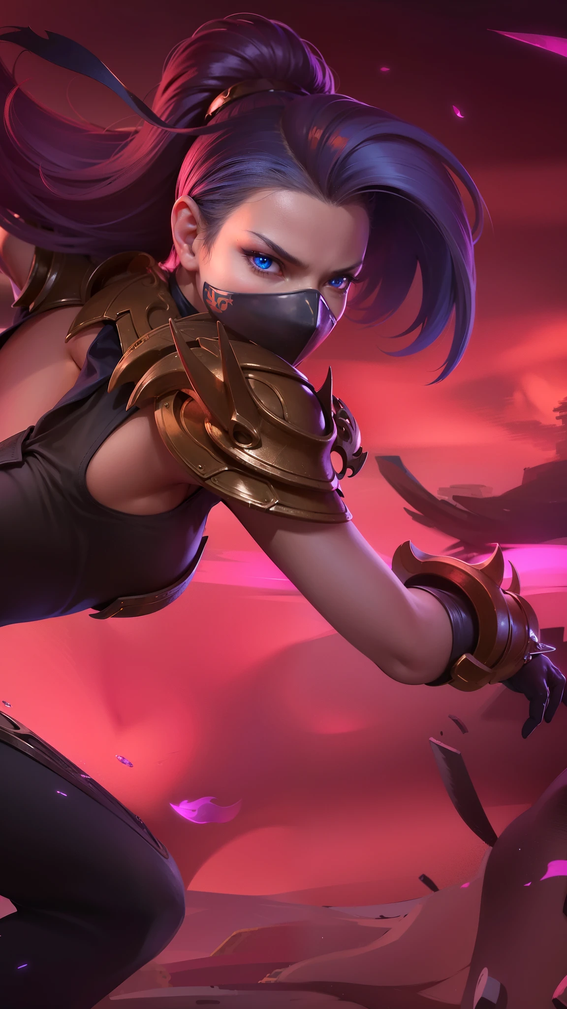 (female:1.2), 8k, ultra hd, ultra detailed texture, hyper realistic, masterpiece, detailed texture, detailed face, detailed skin, detailed lighting, (photorealistic:1.5), best quality, beautiful lighting, cinematic lighting, professional lighting, ultra highres, realistic, detailed hair, real hair, high quality, (realskin:1.5), extremely detailed, finely detail, ultra-detailed, 1girl, solo, elf, pointy ears, standing, demon horns, forehead protector, (blue eyes:1.5), v-shapped eyebrow, make up, pretty, beautiful, long hair, blue hair, high ponytail, large breasts, cleavage, armpit, navel, stomach, black armor, pauldrons, bare shoulders, shoulder armor, thigh high, sleevless, detached sleeves, breastplate, gauntlets, hanabi \(mobile legends\), depth of field, looking aways, white skin, skin tight, amazing pose, outdoors, glowing, dark view, looking at viewer (wearing a mask:1.2)
