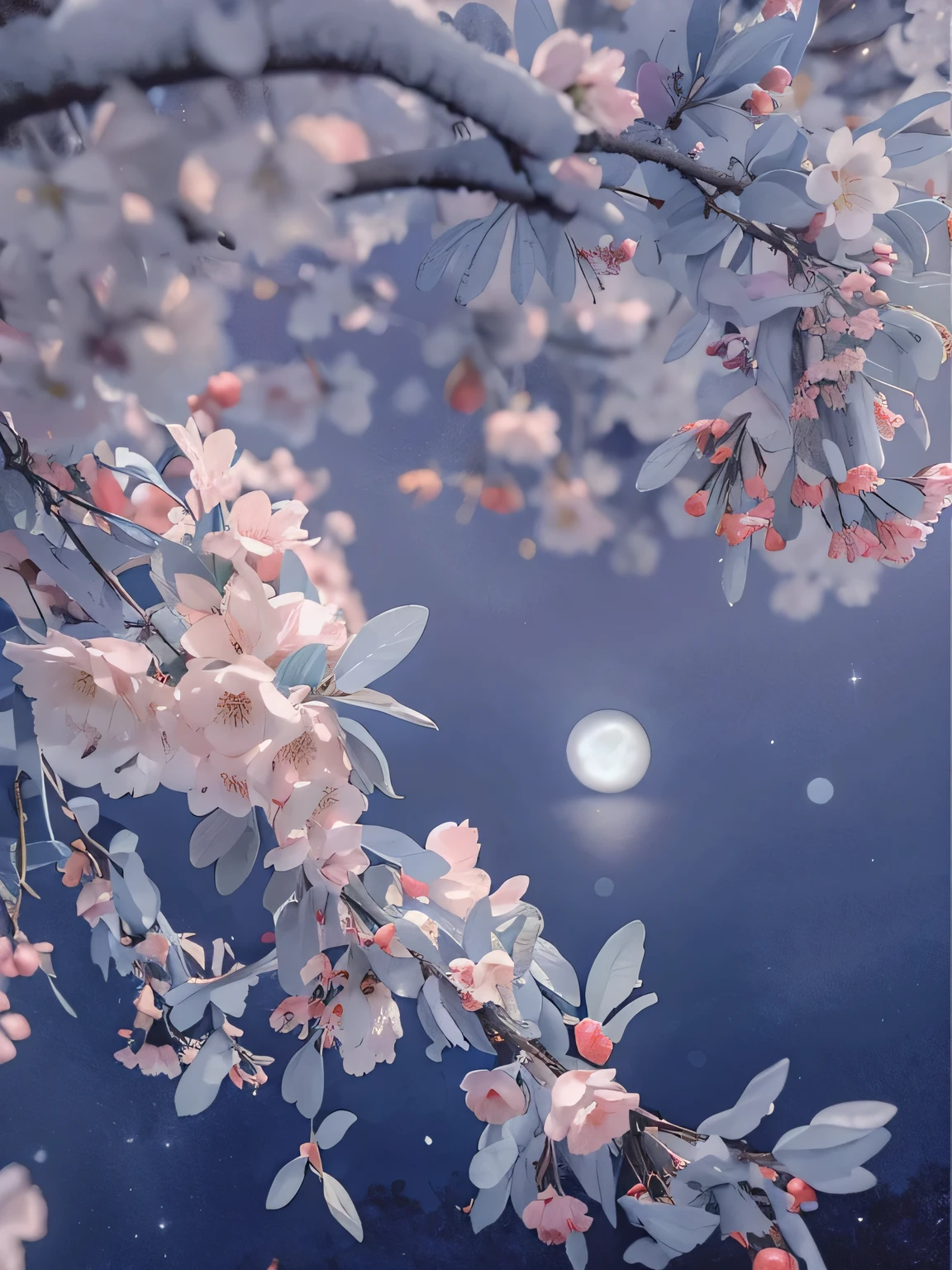 There is a photo,a tree,pink flowers blooming at night, Hungry Ghost Festival, Dream-like atmosphere on a moonlit night, soft blue moonlight, Beautiful digital artwork, beautiful artwork, background artwork, Cherry blossomss, Cherry blossoms, Soft moonlight lighting, beautiful moonlight, 流动的Cherry blossoms丝, Surreal Flower of Wisdom, The night sky is full of flowers, beautiful moonlight night