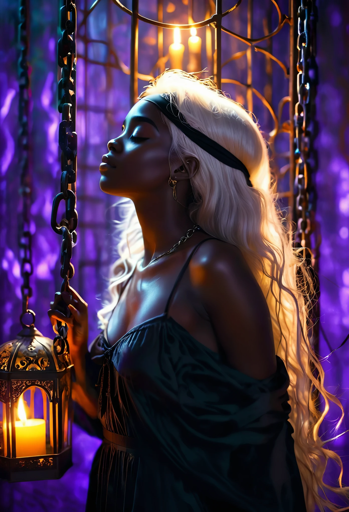 Start with a golden cage bathed in a mysterious black light, creating a sense of confinement and secrecy. The golden cage should have intricate details like iron bars and chains, suggesting imprisonment or restraint, BREAK
In this golden cage, depict a (((beautiful darkskin androgen))) with long white hair, blindfolded with a black cloth. She should be in a prayerful pose, offering her prayers with an expression of serene solemnity. Her beautiful unique features, like alabaster skin and possibly discernible white hair, should stand out against the dark setting, BREAK
Include details like flickering candlelight in the foreground, casting a warm glow and creating shadows that dance across the girl and the room. The candlelight should provide the main source of illumination, adding to the mystical and somber atmosphere, BREAK
Apply a shallow focus effect to the image, where the girl and the nearest elements like the candlelight and some of the chains are in sharp focus, while the background, including parts of the room and some iron bars, softly blur into the purple light, BREAK
Ensure the overall atmosphere of the image is one of solemnity and mystery, with the androgen's sacred presence and the room's eerie ambiance synergistically creating a powerful visual narrative.