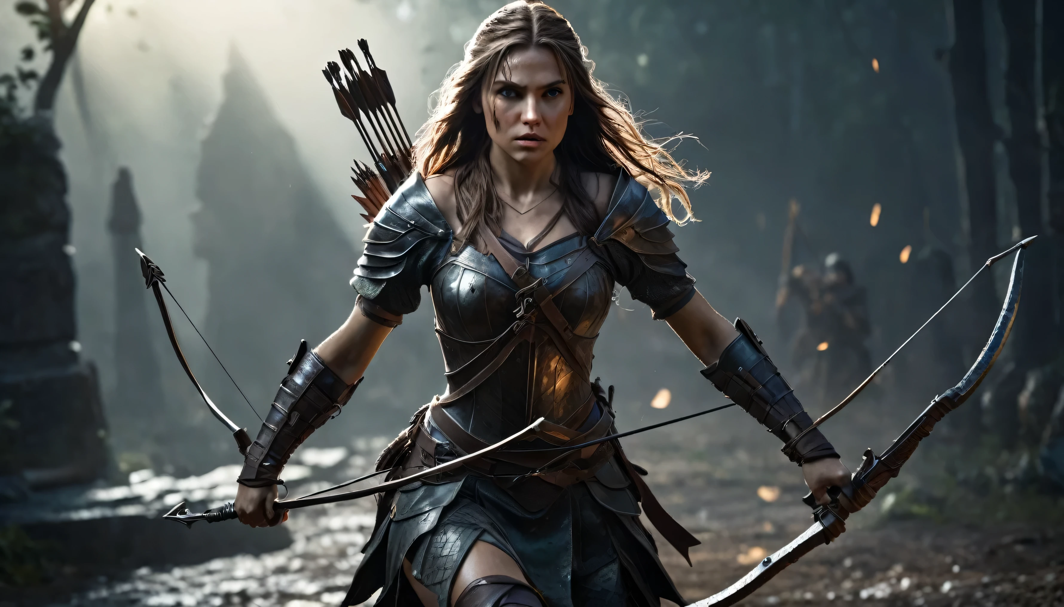 highest quality, fantasy, Beautiful woman, Facial Expression Focus, long hair, statue-like body, armor, off shoulder, Sweaty face and body, has an arrow and a bow, In combat, dynamic fighting stance, Running feeling, determined look, dark atmosphere, battlefield, very detailed, surreal, lighting and shadows, written boundary depth, 8k,