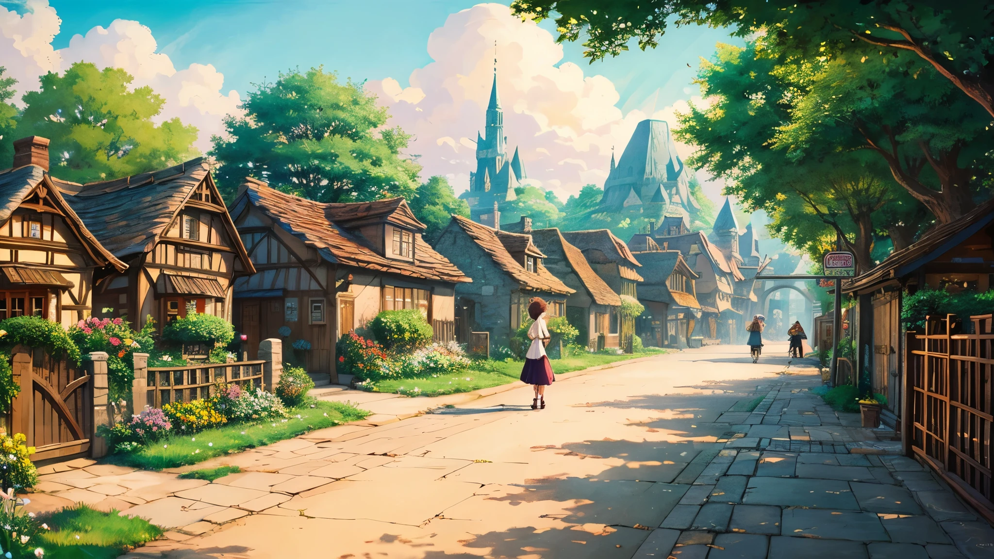 Anime village and a woman walking on the road, anime landscape concept art, A lively and magical city, medeival fantasy town, magical village, anime background art, Cottage Town, ghibli studio anime style, fantasy town, ghibli studio style, quaint village, Illustration style like a fairy tale, Studio Ghibli's smooth concept art, Beautiful artwork illustration, beautiful anime scenery