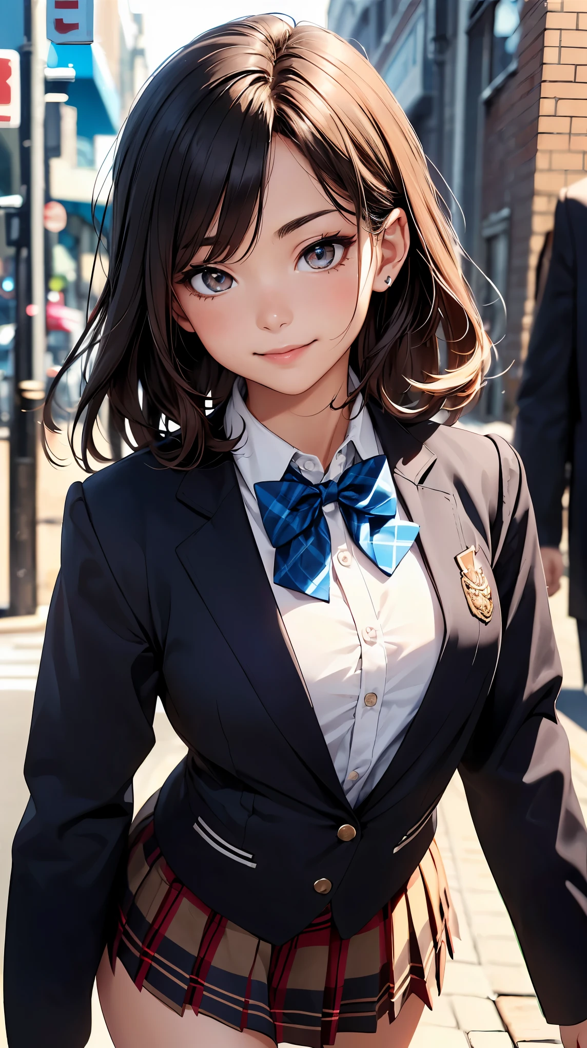 concept:A portrait of a beautiful woman。 quality:(最高quality, 4k, High resolution, masterpiece:1.2), Super detailed, (real, photorealistic:1.37), illumination:cinematic light, Bright colors and mesmerizing effects, 柔らかく繊細なillumination, gentle shine, Lens flare, Subject information:alone, ((young woman)), (round eyes), (small face), (high detail skin:1.2), long eyelashes, glossy lips, (black hair, long straight, reddish brown eyes), slim body shape:1.4, Highly detailed face and skin texture, (Happy smile:1.2), facing the front:1.2, photo shootのためポーズをとる, (((blue bow tie, high school uniform:1.2, black jacket, open jacket, white shirt, plaid skirt, seductive thighs))), Other details:after school:1.5, standing pose:1.2, beautiful skin, shiny skin, perfect fingers, five fingers, anatomically correct, background bokeh, Lens flare, 500㎜, f/4, photo shoot,