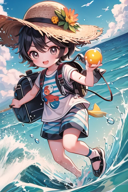 Masterpiece, high quality, 8K, full body, 1boy air bubble backpack bag beach black hair blue sky bright pupils brown eyes bubble chibi cloud day fish hat male focus ocean open mouth outdoors pokemon \(creature\) sand shirt shoes shorts sky smile splashing striped striped shirt submerged surfing water water drop waves