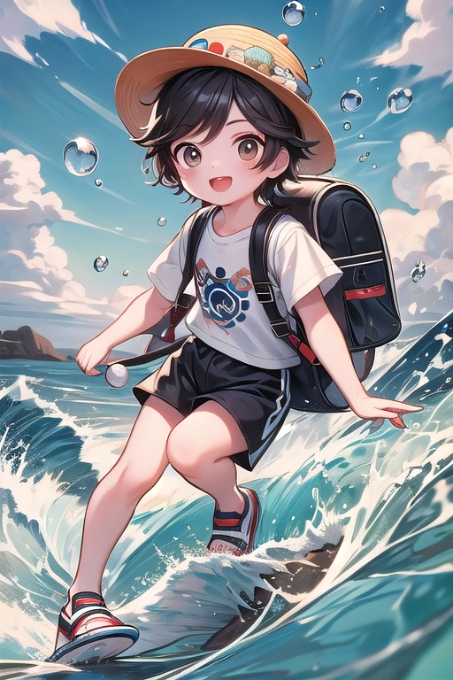 Masterpiece, high quality, 8K, full body, 1boy air bubble backpack bag beach black hair blue sky bright pupils brown eyes bubble chibi cloud day fish hat male focus ocean open mouth outdoors pokemon \(creature\) sand shirt shoes shorts sky smile splashing striped striped shirt submerged surfing water water drop waves