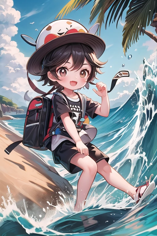 Masterpiece, high quality, 8K, full body, 1boy air bubble backpack bag beach black hair blue sky bright pupils brown eyes bubble chibi cloud day fish hat male focus ocean open mouth outdoors pokemon \(creature\) sand shirt shoes shorts sky smile splashing striped striped shirt submerged surfing water water drop waves