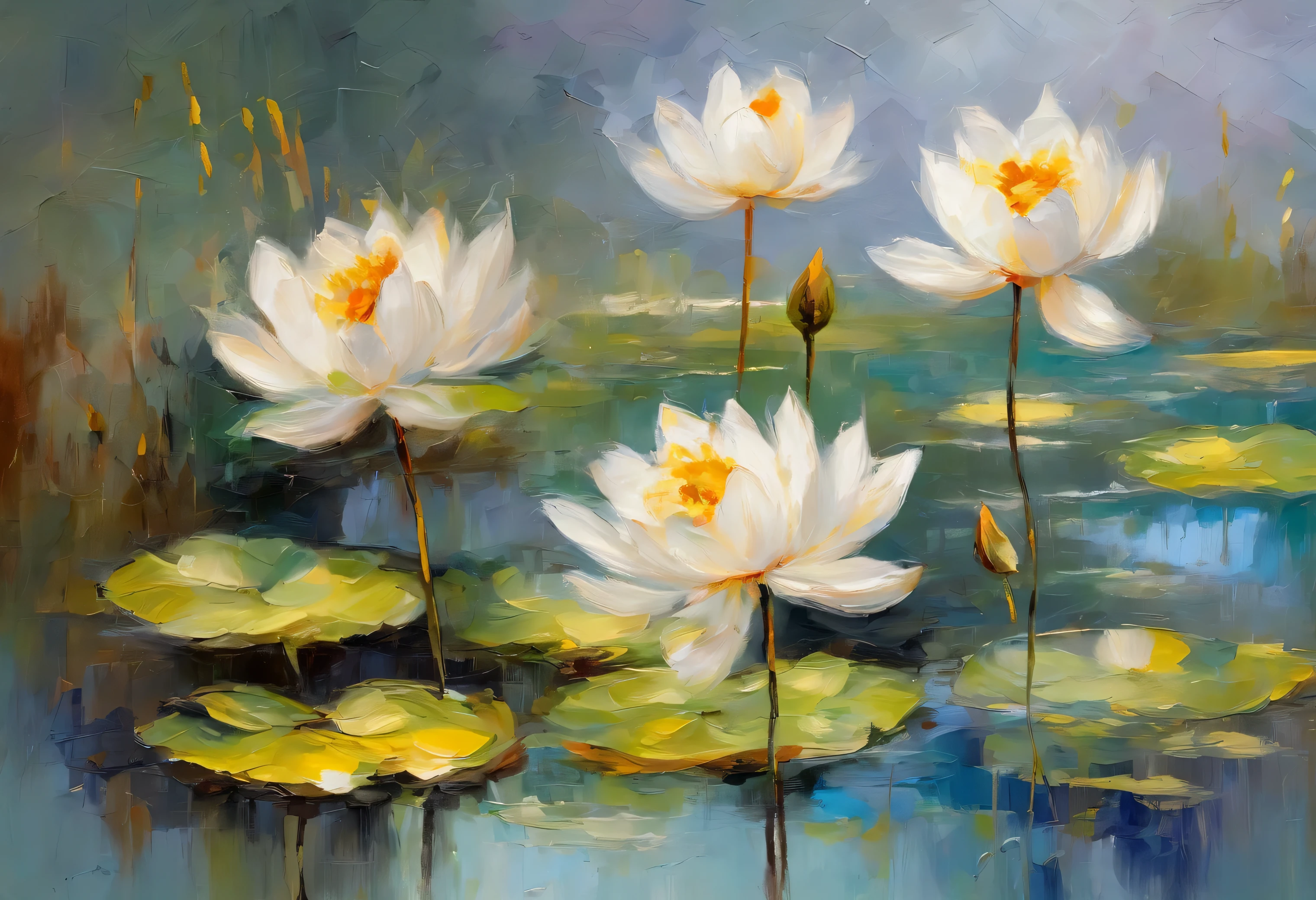 A beautiful White Lotus flowers in a pond, inspired by Pino Daeni, vintage scenery, sketch, drawing, or watercolor artwork impasto style. Perfect reflections. Abstract impasto background, light beige color only