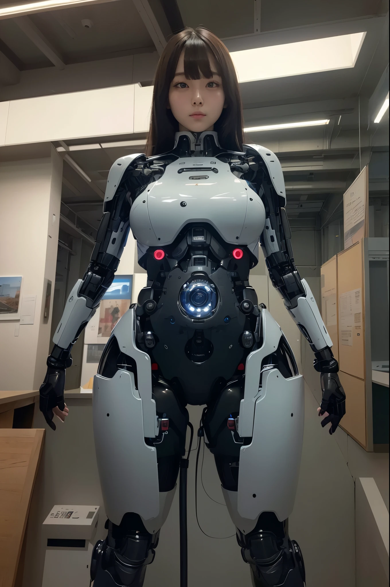 masterpiece, Best Quality, Extremely detailed, 8K portrait,Japaese android girl,Plump , control panels,Robot arms and legs, Blunt bangs,Charging spot,She has charged energy,She is exhibits,museum hall,blue eyes