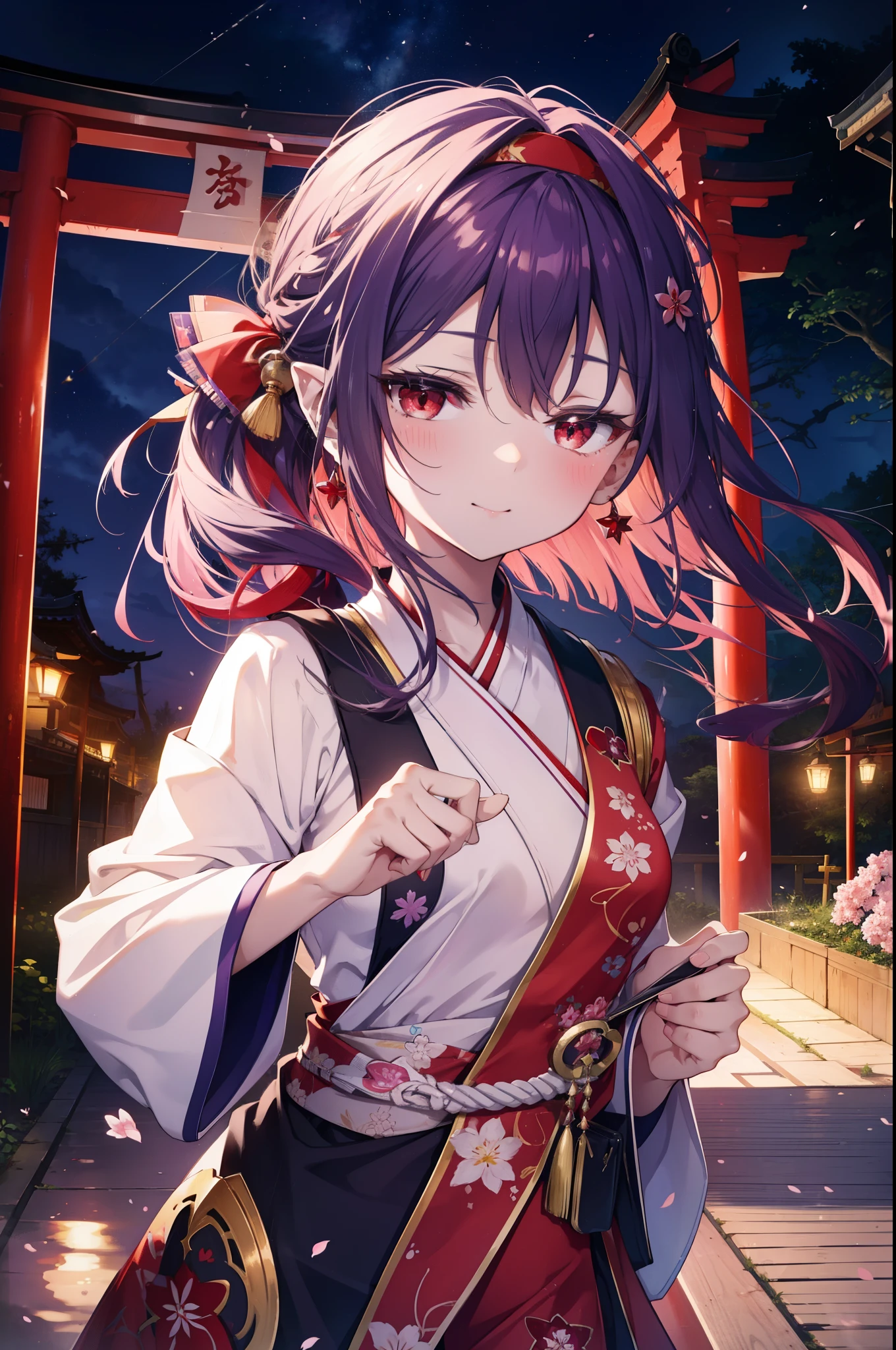 yuukikonno, Yuki Konno, hair band, long hair, pointed ears, purple hair, (red eyes:1.5), (small breasts:1.2), blush,smile,open your mouth,pink floral pattern yukata,mini skirt,barefoot,Zori sandals,SakuraFubuki,Cherry blossom tree-lined path,night festival,moonlight,Red lantern,stall,
break looking at viewer, Upper body, whole body,
break outdoors, shrine,torii,
break (masterpiece:1.2), highest quality, High resolution, unity 8k wallpaper, (figure:0.8), (detailed and beautiful eyes:1.6), highly detailed face, perfect lighting, Very detailed CG, (perfect hands, perfect anatomy),