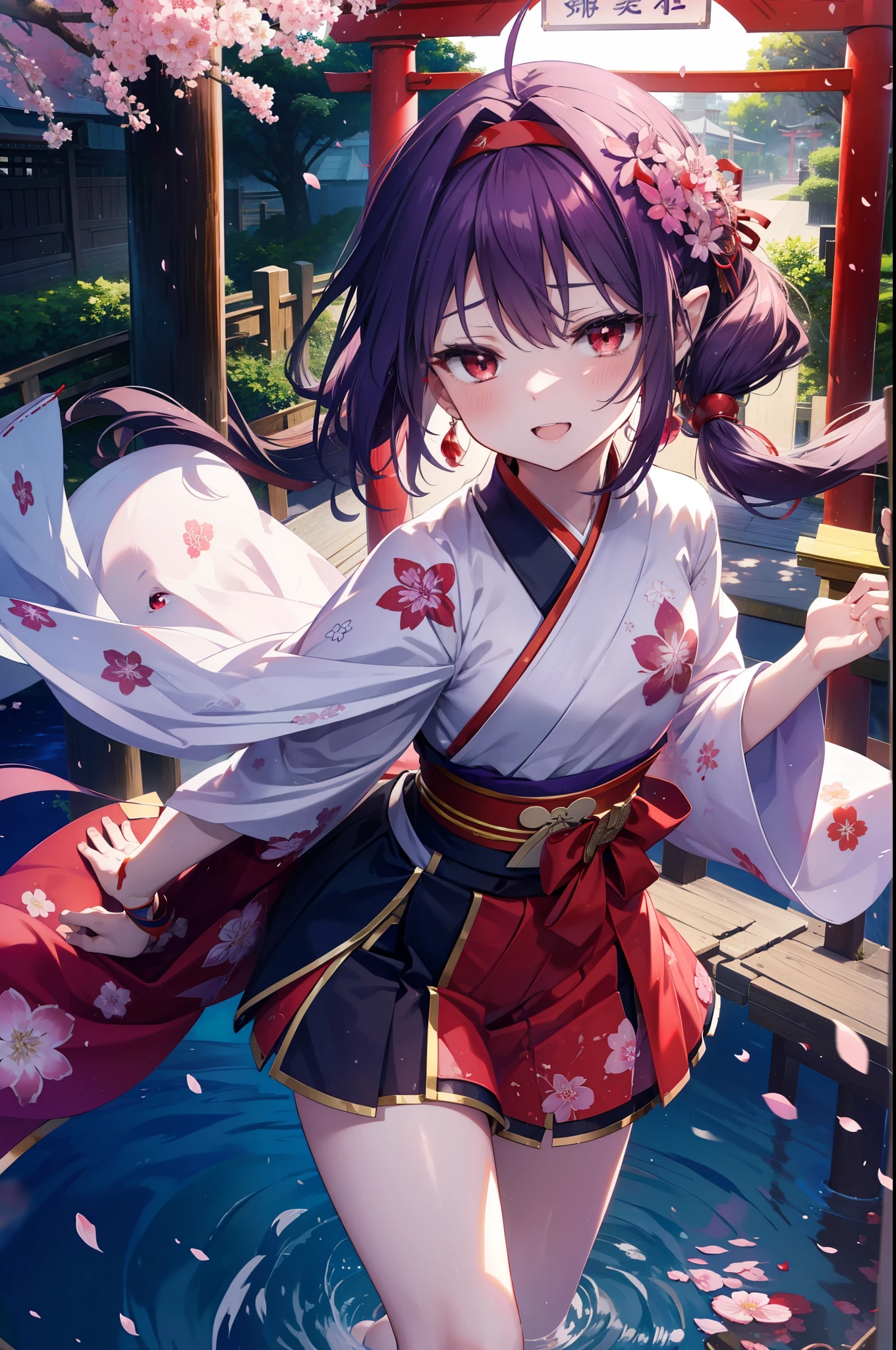yuukikonno, Yuki Konno, hair band, long hair, pointed ears, purple hair, (red eyes:1.5), (small breasts:1.2), blush,smile,open your mouth,pink floral pattern yukata,mini skirt,barefoot,Zori sandals,SakuraFubuki,Cherry blossom tree-lined path,night festival,moonlight,Red lantern,stall,
break looking at viewer, Upper body, whole body,
break outdoors, shrine,torii,
break (masterpiece:1.2), highest quality, High resolution, unity 8k wallpaper, (figure:0.8), (detailed and beautiful eyes:1.6), highly detailed face, perfect lighting, Very detailed CG, (perfect hands, perfect anatomy),