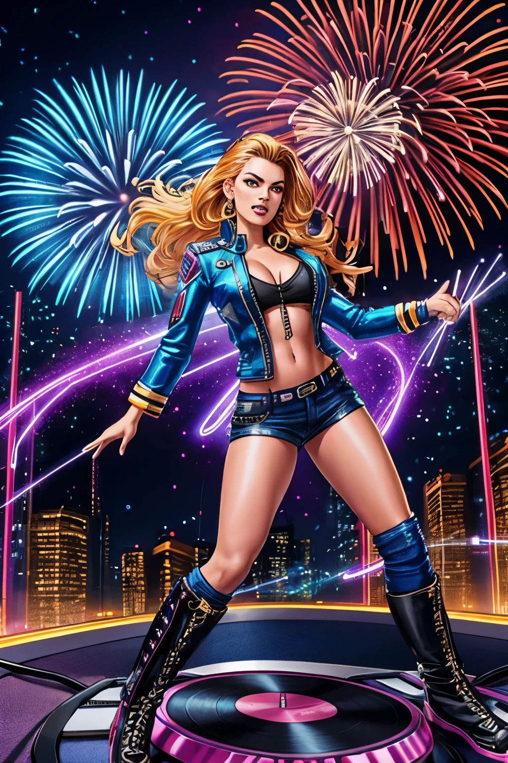 ((ao estilo de Jim Lee)) Render a full-body portrait of Marvel's Dazzler striking a fierce pose under a neon-lit city backdrop, with fireworks exploding over the top. longos cabelos loiros, She's invoking her powers, Then she has a trail of bright light behind her, iluminando sua roupa punk rock branca. Be sure to capture your unique sound waves emanating from your hands and include some vinyl records scattered around you to reference your music-themed powers.