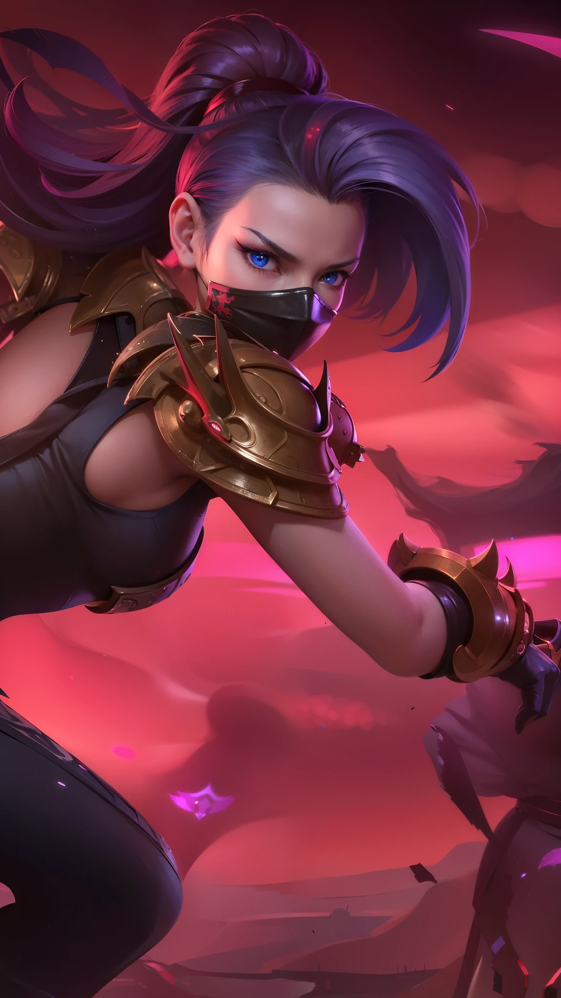 (female:1.2), 8k, ultra hd, ultra detailed texture, hyper realistic, masterpiece, detailed texture, detailed face, detailed skin, detailed lighting, (photorealistic:1.5), best quality, beautiful lighting, cinematic lighting, professional lighting, ultra highres, realistic, detailed hair, real hair, high quality, (realskin:1.5), extremely detailed, finely detail, ultra-detailed, 1girl, solo, elf, pointy ears, standing, demon horns, forehead protector, (blue eyes:1.5), v-shapped eyebrow, make up, pretty, beautiful, long hair, blue hair, high ponytail, large breasts, cleavage, armpit, navel, stomach, black armor, pauldrons, bare shoulders, shoulder armor, thigh high, sleevless, detached sleeves, breastplate, gauntlets, hanabi \(mobile legends\), depth of field, looking aways, white skin, skin tight, amazing pose, outdoors, glowing, dark view, looking at viewer (wearing a mask:1.2)