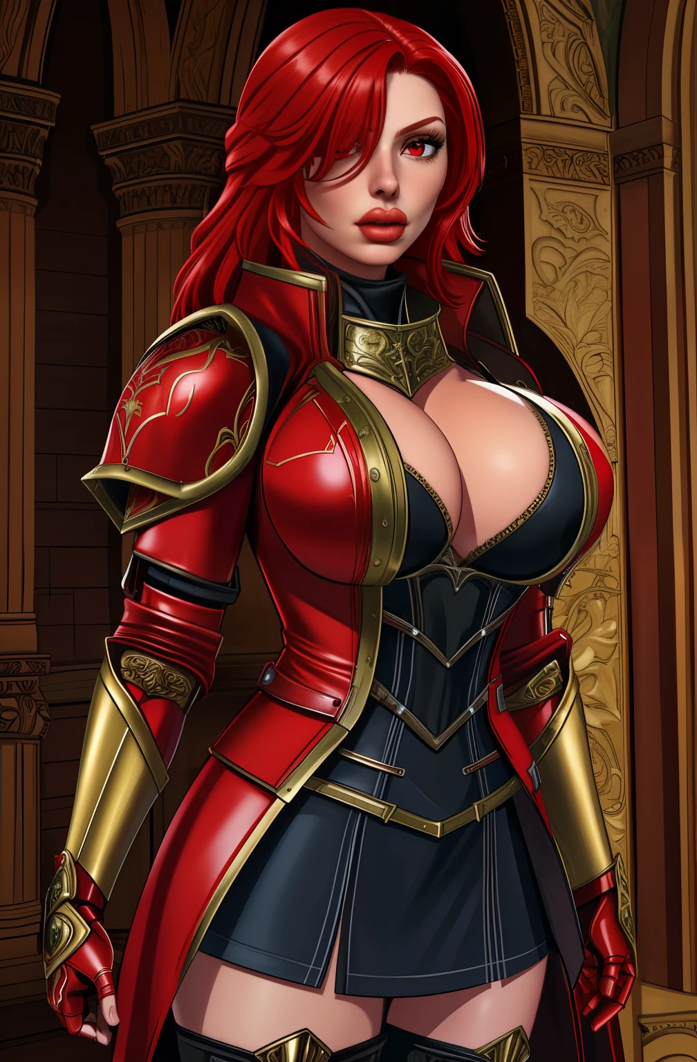 Hilde,red hair,lips,hair over one eye,red eyes,mole under mouth, armor,gauntlets, breastplate,   red coat, solo,  serious, 
upper body,   standing,   cleavage,  cowboy shot,  thighhighs,
european castle, 
(insanely detailed, beautiful detailed face,beautiful detailed eyes, masterpiece, best quality) 
 