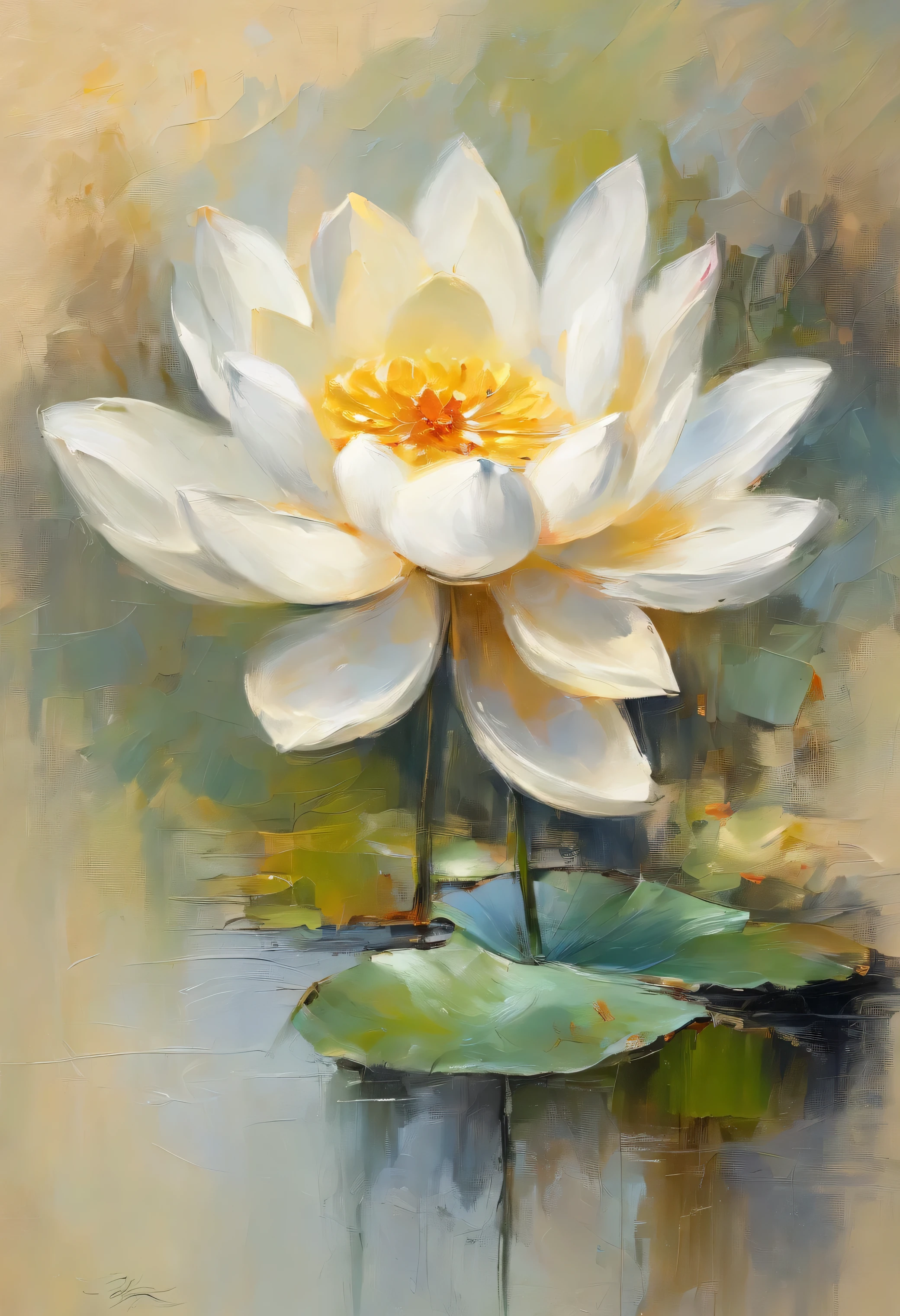 A beautiful White Lotus, inspired by Pino Daeni, vintage scenery, sketch, drawing, or watercolor artwork impasto style. Perfect reflections. Abstract impasto background, light beige color only