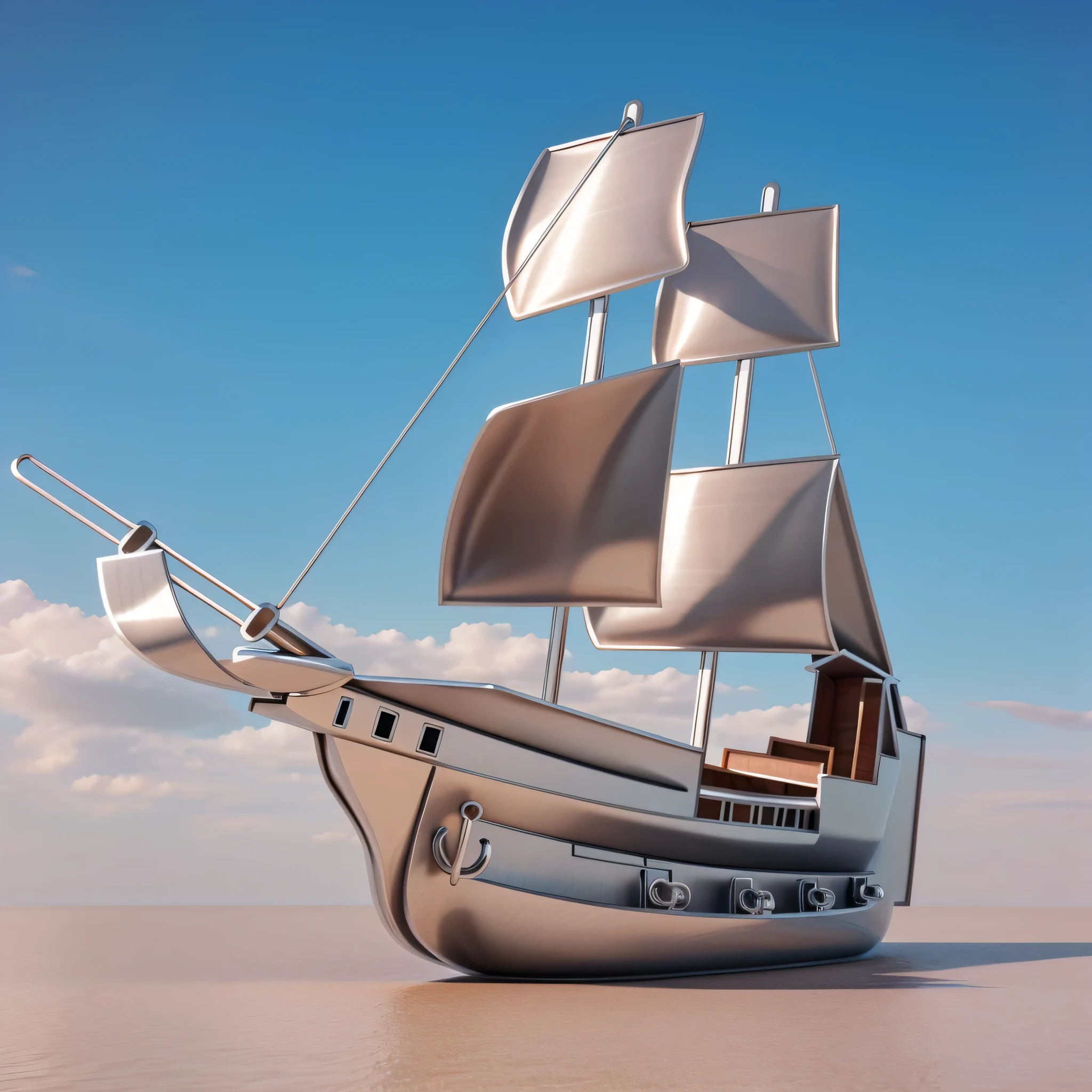 sailboat,Stainless steel sculpture,best quality,3D rendering style