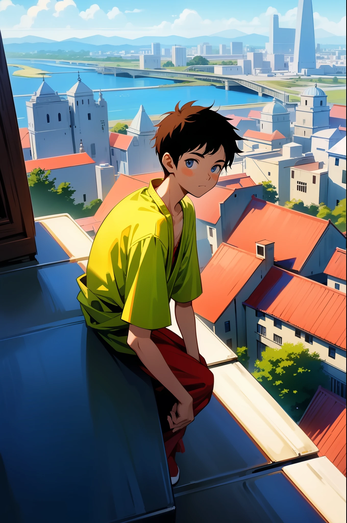 15 year old boy parked on top of a building looking at the city has Egyptian clothes yes shirt