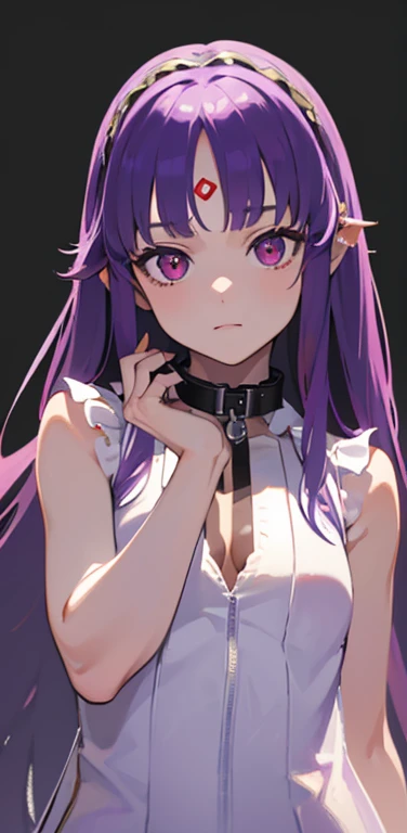 (8K、highest quality、masterpiece:1.2)、super resolution、Realistic、(1slave girl)  、(purple hair)、long straight hair,red eyes、(forehead:1.2),(face focus,upper body),(white simple sleeveless dress :1.5)、(clear face:1.3),(cute face)、,small breasts,(slave collar:1.5)
