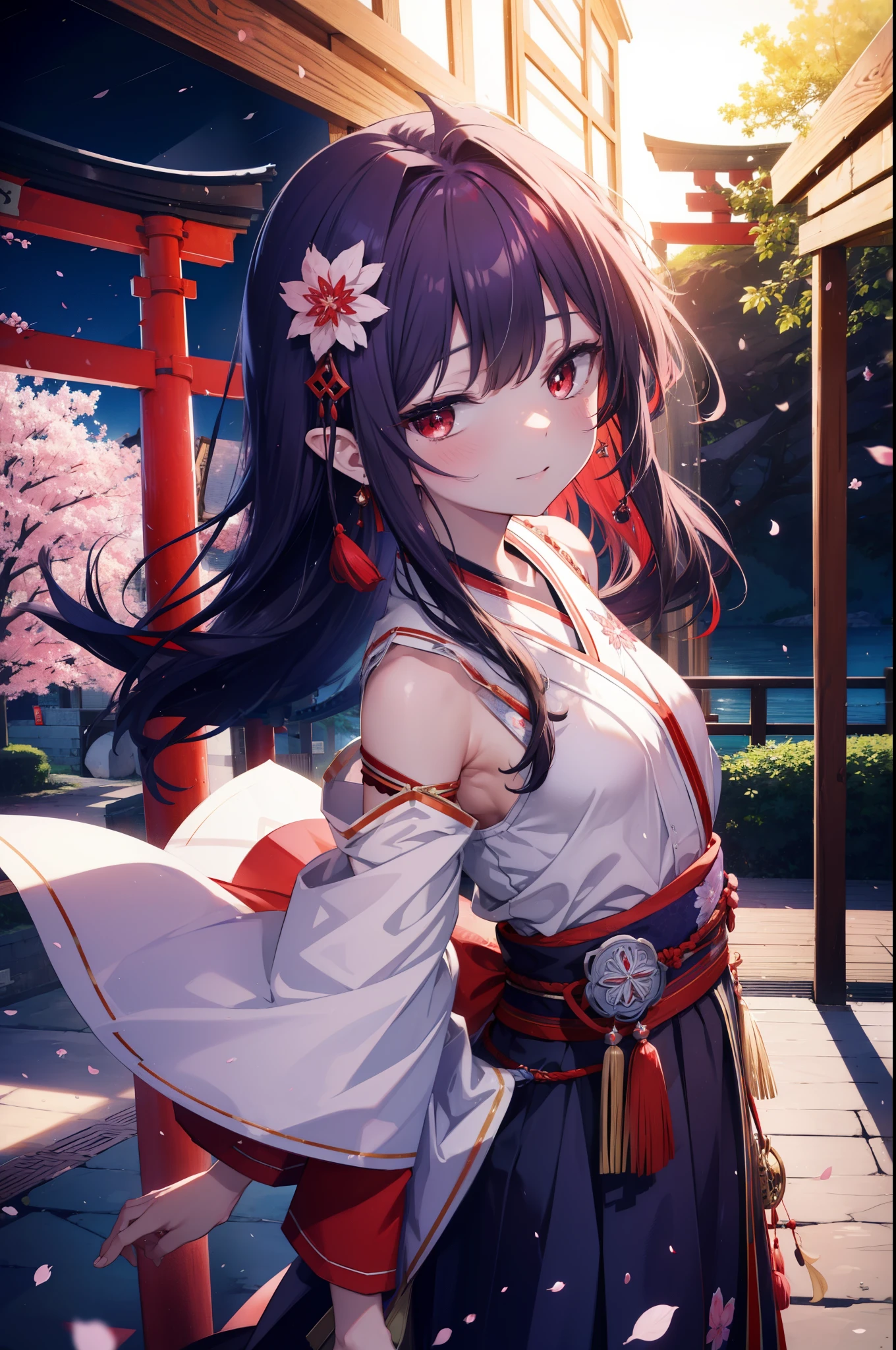 yuukikonno, Yuki Konno, hair band, long hair, pointed ears, purple hair, (red eyes:1.5), (small breasts:1.2), blush,smile,open your mouth,pink floral pattern yukata,mini skirt,barefoot,Zori sandals,SakuraFubuki,Cherry blossom tree-lined path,night festival,moonlight,Red lantern,stall,
break looking at viewer, Upper body, whole body,
break outdoors, shrine,torii,
break (masterpiece:1.2), highest quality, High resolution, unity 8k wallpaper, (figure:0.8), (detailed and beautiful eyes:1.6), highly detailed face, perfect lighting, Very detailed CG, (perfect hands, perfect anatomy),