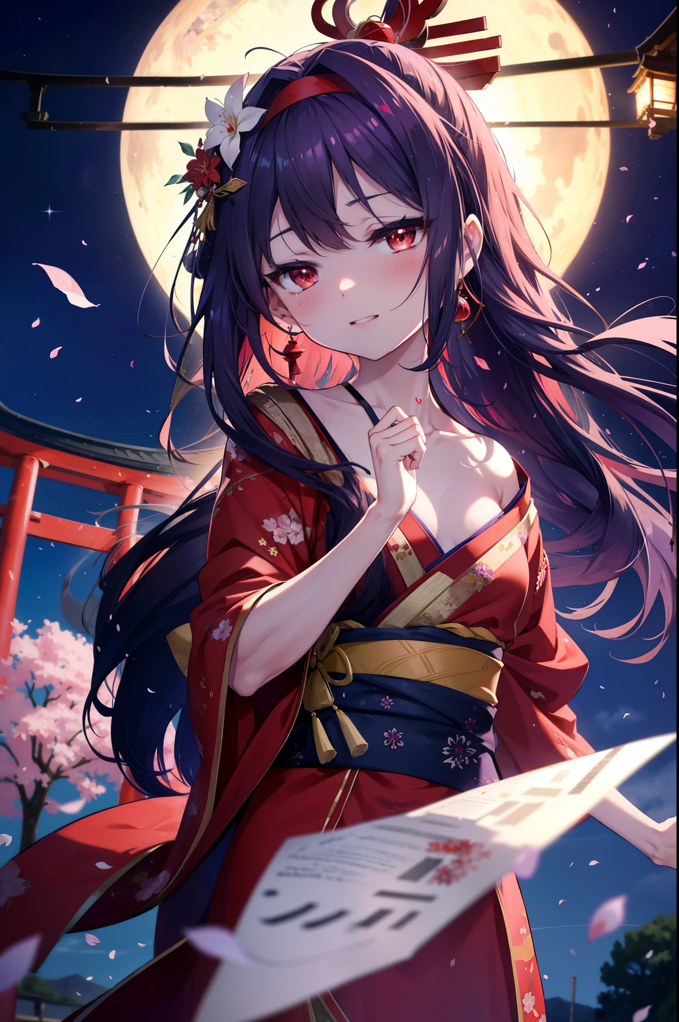 yuukikonno, Yuki Konno, hair band, long hair, pointed ears, purple hair, (red eyes:1.5), (small breasts:1.2), blush,smile,open your mouth,pink floral pattern yukata,mini skirt,barefoot,Zori sandals,SakuraFubuki,Cherry blossom tree-lined path,night festival,moonlight,Red lantern,stall,
break looking at viewer, Upper body, whole body,
break outdoors, shrine,torii,
break (masterpiece:1.2), highest quality, High resolution, unity 8k wallpaper, (figure:0.8), (detailed and beautiful eyes:1.6), highly detailed face, perfect lighting, Very detailed CG, (perfect hands, perfect anatomy),