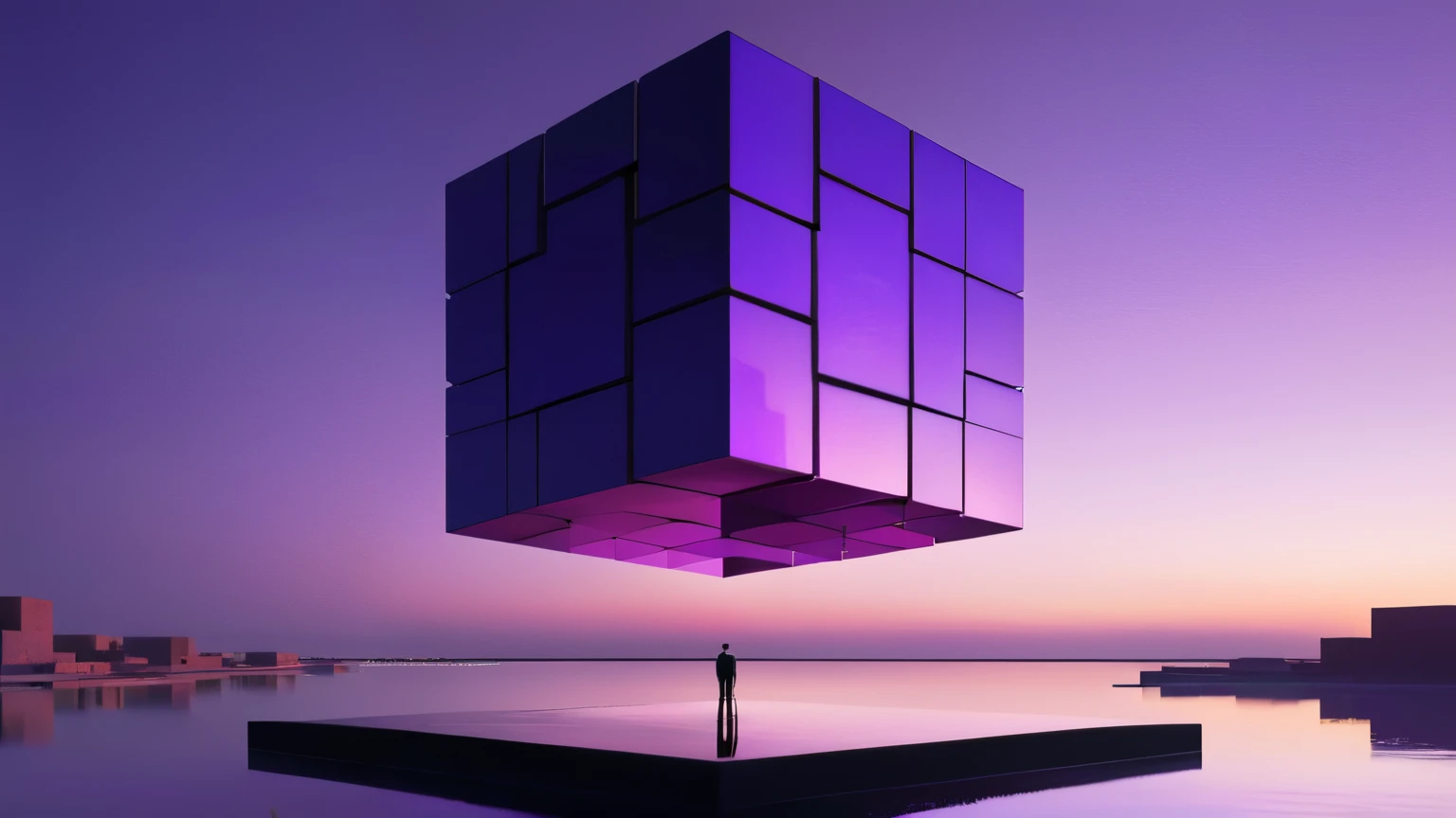 purple sculpture with a man standing on a platform in front of a body of water, lit. 'the cube', conceptual art, architecture render, the cube, futuristic marrakech, dusk, feng zhu |, bioluminescent hypercubes, psychedelic architecture, architecture render ”, digital render, at dusk!, conceptual rendering, brutalist fantasy, cube, conceptual