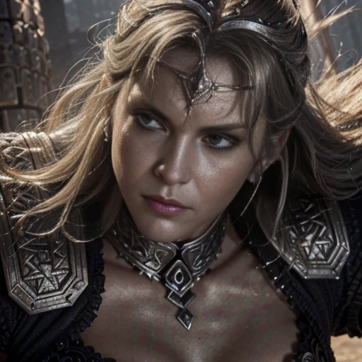 (best quality,4k,8k,highres,masterpiece:1.2),ultra-detailed,(realistic,photorealistic,photo-realistic:1.37), Caucasian woman, triangular face, determined, Viking, warrior, center of image, Cinematic: a black and white image, strong character, fierce expression, muscular physique, long flowing hair, thick braids, fur cloak, battle-worn armor, silver Nordic helmet, intricate engravings, broadsword, shield, conquering the enemy, intense battle scene, smoke and dust, moonlit night, dramatic shadows, epic atmosphere, heroic pose.