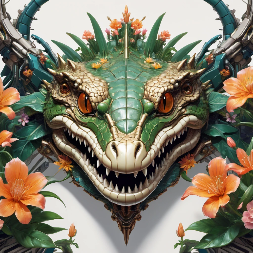 Symmetry, aesthetic, extremely detailed, symmetrical, Symmetry!! portrait of a robot crocodile, floral! horizon zero dawn machine, intricate, elegant, highly detailed, digital painting, artstation, concept art, smooth, sharp focus, illustration, art by artgerm and greg rutkowski and alphonse mucha, 8 k