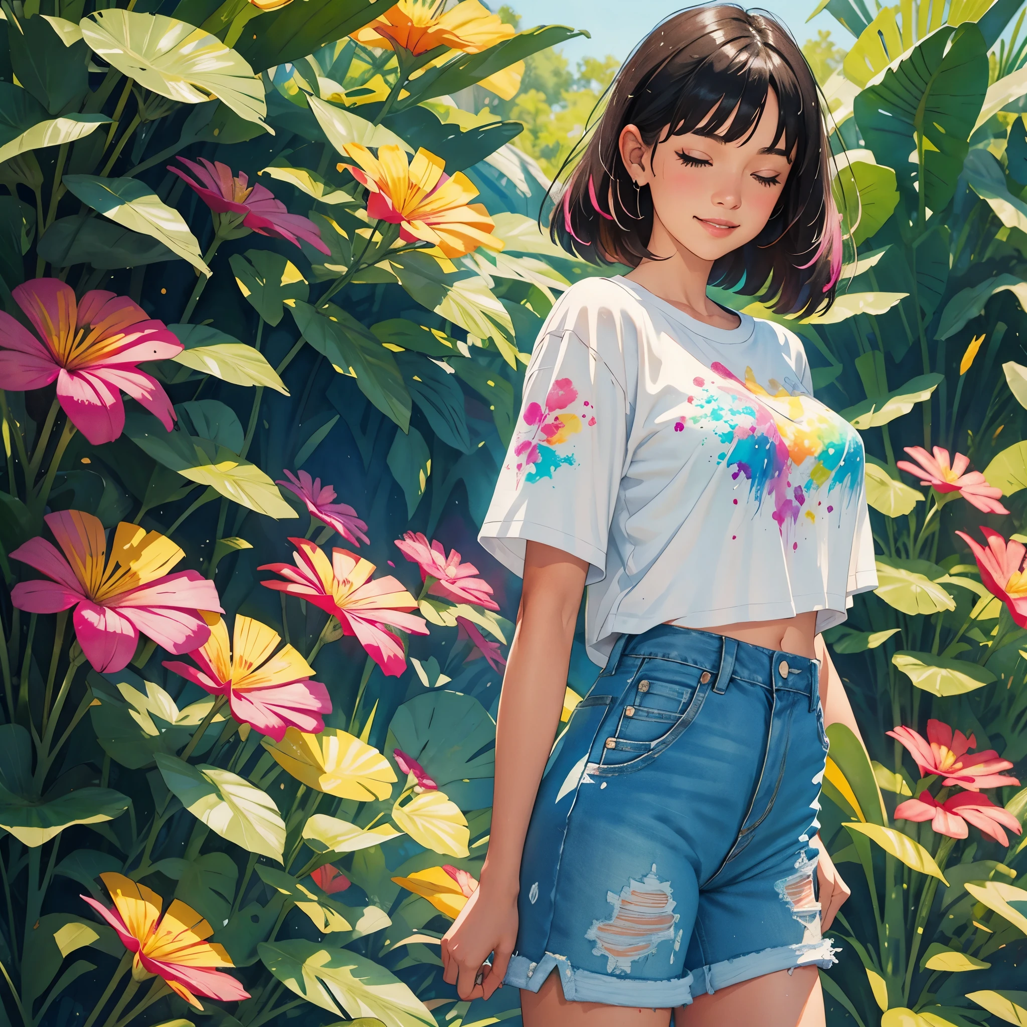 a Plumeria painting with a splatter background and spray paint effect, by Adam hughes, plumeria flower design t-shirt and jean shorts, upper body centered, multi-color hair, closed eyes, big happy smile, watercolor art, watercolor painting, watercolor painting style, watercolor detailed art, watercolor digital painting, watercolor paint, masterfully detailed watercolor, watercolor art