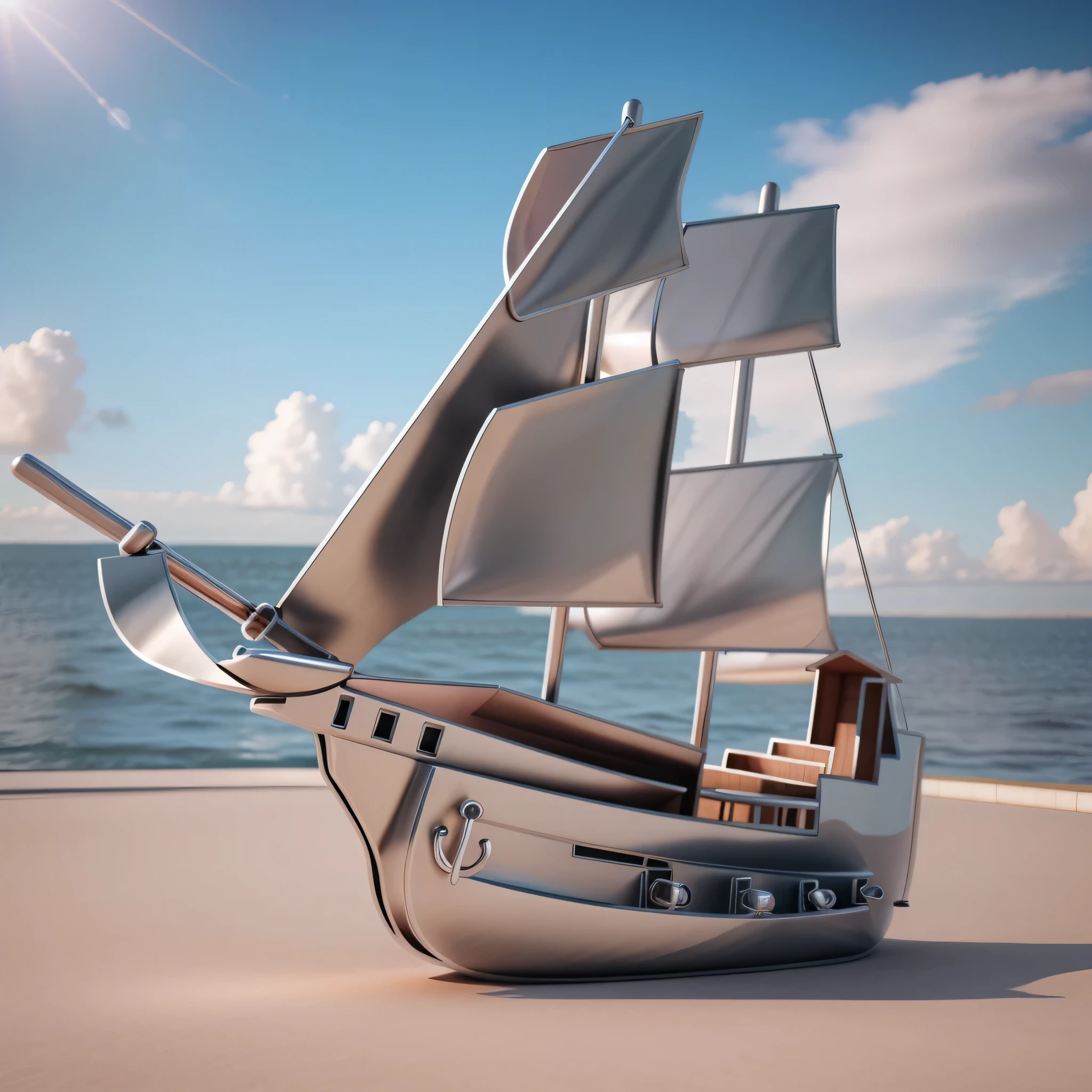 sailboat，Stainless steel sculpture，best quality，3D rendering style