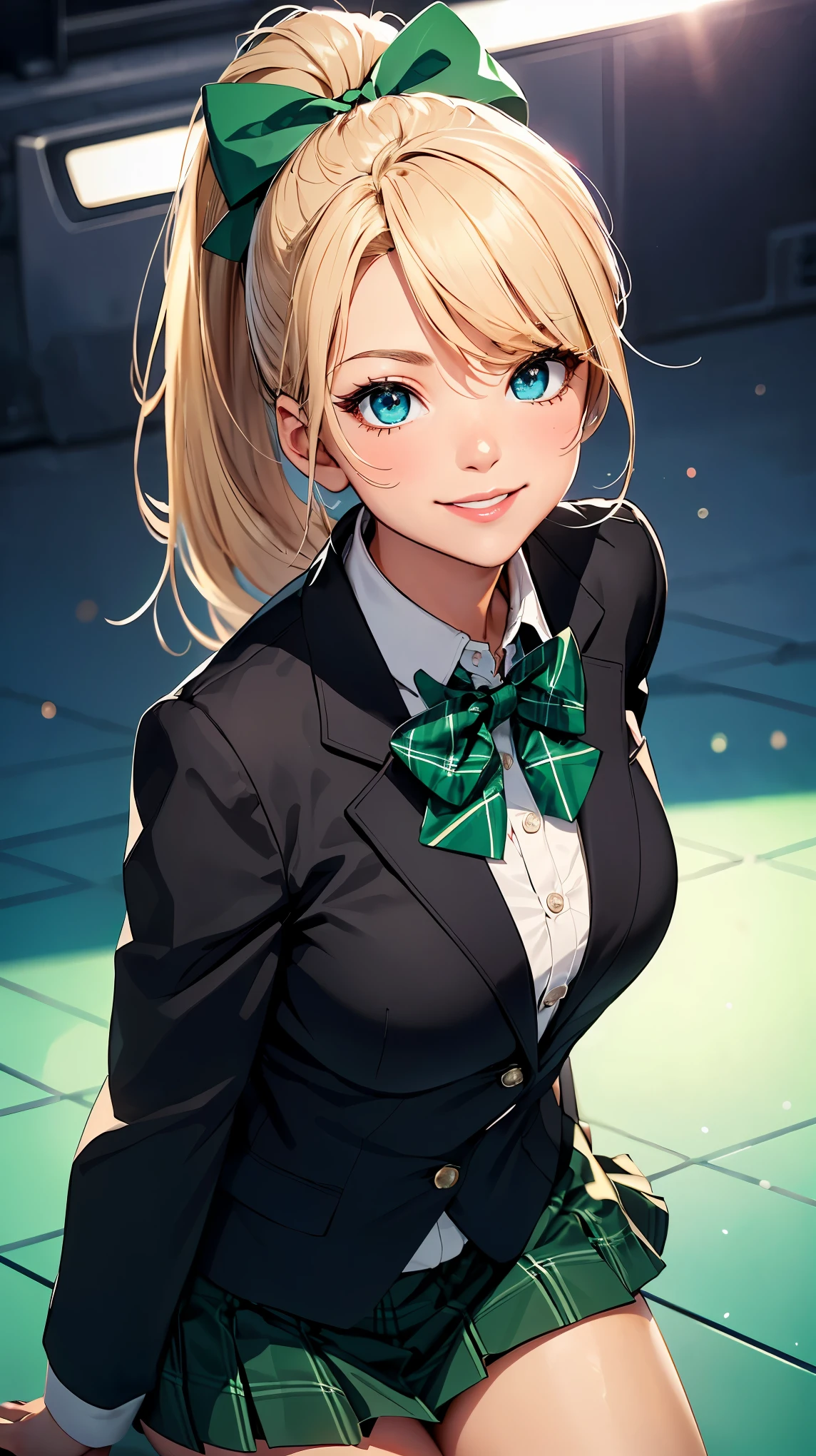 concept:A portrait of a beautiful woman。 quality:(最高quality, 4k, High resolution, masterpiece:1.2), Super detailed, (real, photorealistic:1.37), illumination:cinematic light, Bright colors and mesmerizing effects, 柔らかく繊細なillumination, gentle shine, Lens flare, Subject information:alone, ((young woman)), (narrow eyes), (small face), (high detail skin:1.2), long eyelashes, glossy lips, (blonde, long wavy hair, blue eyes), slim body shape:1.4, Highly detailed face and skin texture, (Happy smile:1.2), facing the front:1.2, photo shootのためポーズをとる, (((high school uniform:1.2, dark blue jacket, open jacket, white shirt, deep blue plaid skirt, seductive thighs))), Other details:after school:1.5, sit on the stairs:1.2, beautiful skin, shiny skin, perfect fingers, five fingers, anatomically correct, background bokeh, Lens flare, 500㎜, f/4, photo shoot,