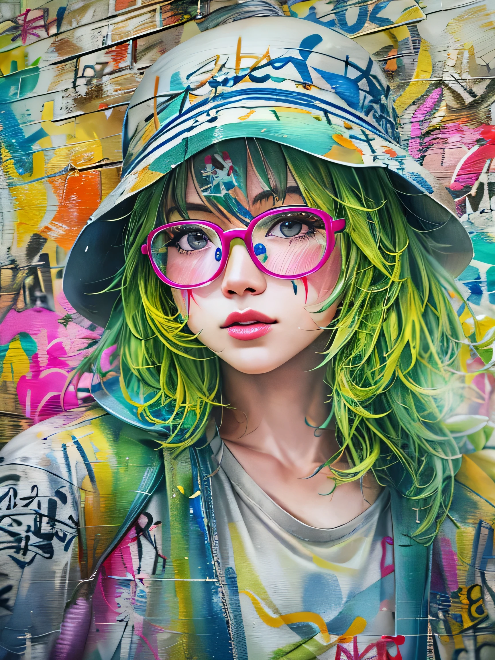 8K quality, watercolor painting, stylish design, (((The strongest beautiful girl of all time))), (((Japanese)))、AKB48、clear, stylish glasses, Fashionable hats, (((highest quality))), bob hair, put your hand on the wall, HDR, ((Detailed details)), stylish fashion, detailed clothing texture, (((graffiti art))), colorful hair, ((masterpiece))、((Super detailed))