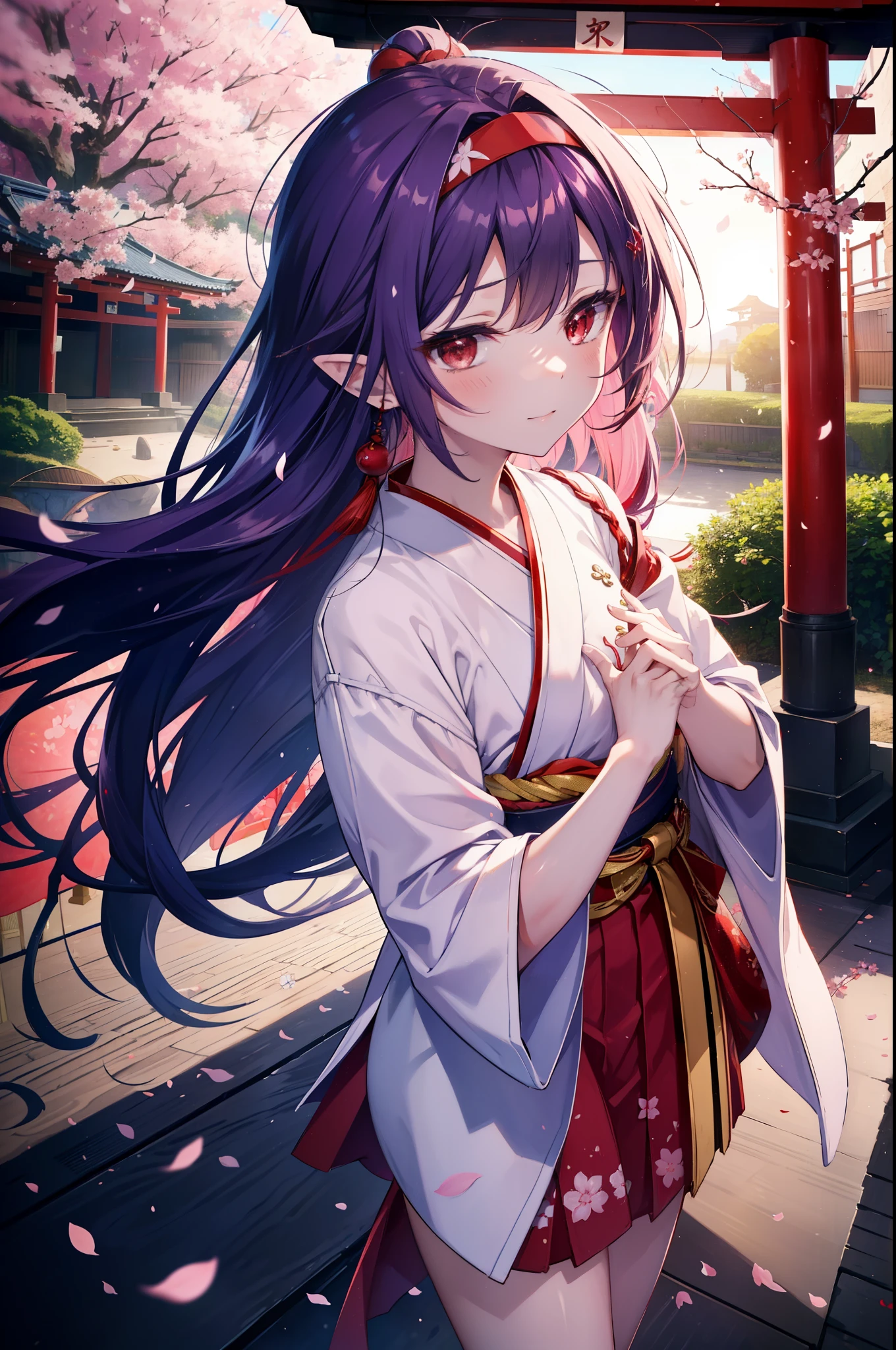 yuukikonno, Yuki Konno, hair band, long hair, pointed ears, purple hair, (red eyes:1.5), (small breasts:1.2), blush,smile,open your mouth,pink floral pattern yukata,mini skirt,barefoot,Zori sandals,SakuraFubuki,Cherry blossom tree-lined path,night festival,moonlight,Red lantern,stall,
break looking at viewer, Upper body, whole body,
break outdoors, shrine,torii,
break (masterpiece:1.2), highest quality, High resolution, unity 8k wallpaper, (figure:0.8), (detailed and beautiful eyes:1.6), highly detailed face, perfect lighting, Very detailed CG, (perfect hands, perfect anatomy),