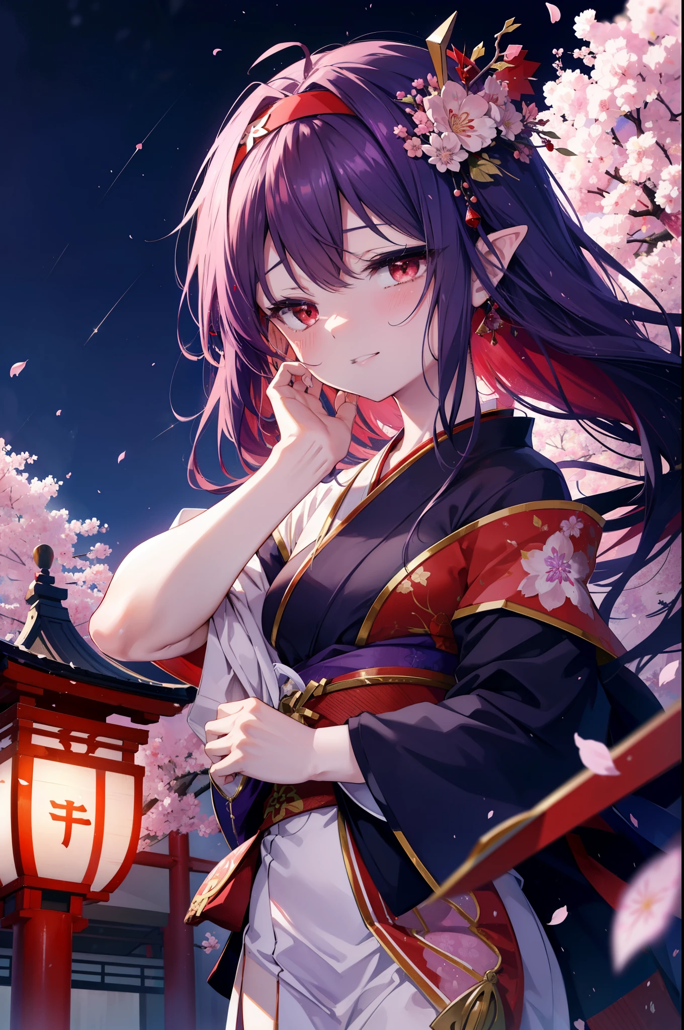 yuukikonno, Yuki Konno, hair band, long hair, pointed ears, purple hair, (red eyes:1.5), (small breasts:1.2), blush,smile,open your mouth,pink floral pattern yukata,mini skirt,barefoot,Zori sandals,SakuraFubuki,Cherry blossom tree-lined path,night festival,moonlight,Red lantern,stall,
break looking at viewer, Upper body, whole body,
break outdoors, shrine,torii,
break (masterpiece:1.2), highest quality, High resolution, unity 8k wallpaper, (figure:0.8), (detailed and beautiful eyes:1.6), highly detailed face, perfect lighting, Very detailed CG, (perfect hands, perfect anatomy),