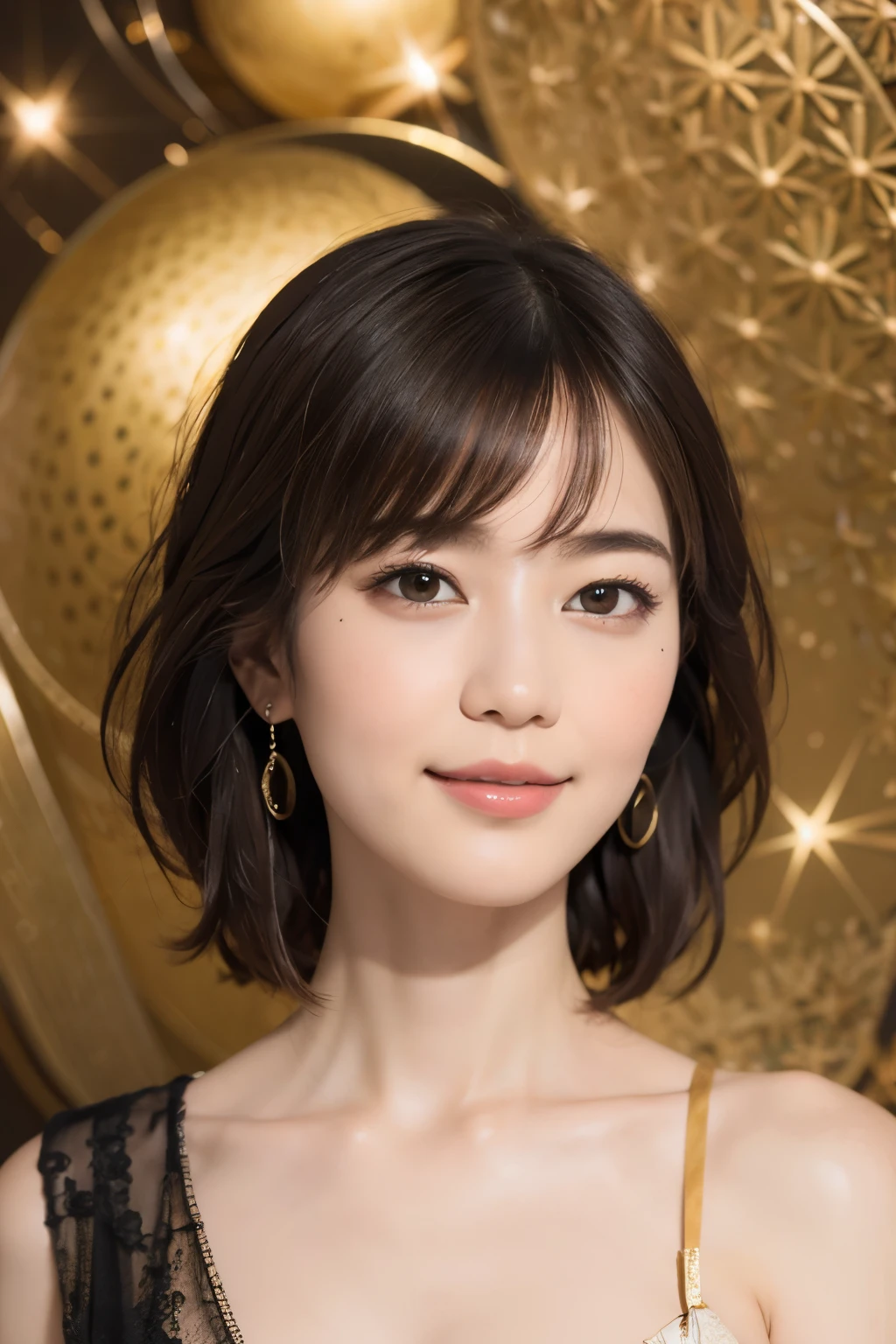 177 Short hair, 20 year old woman, gentle smile, (abstract background,fractal art:1.46)