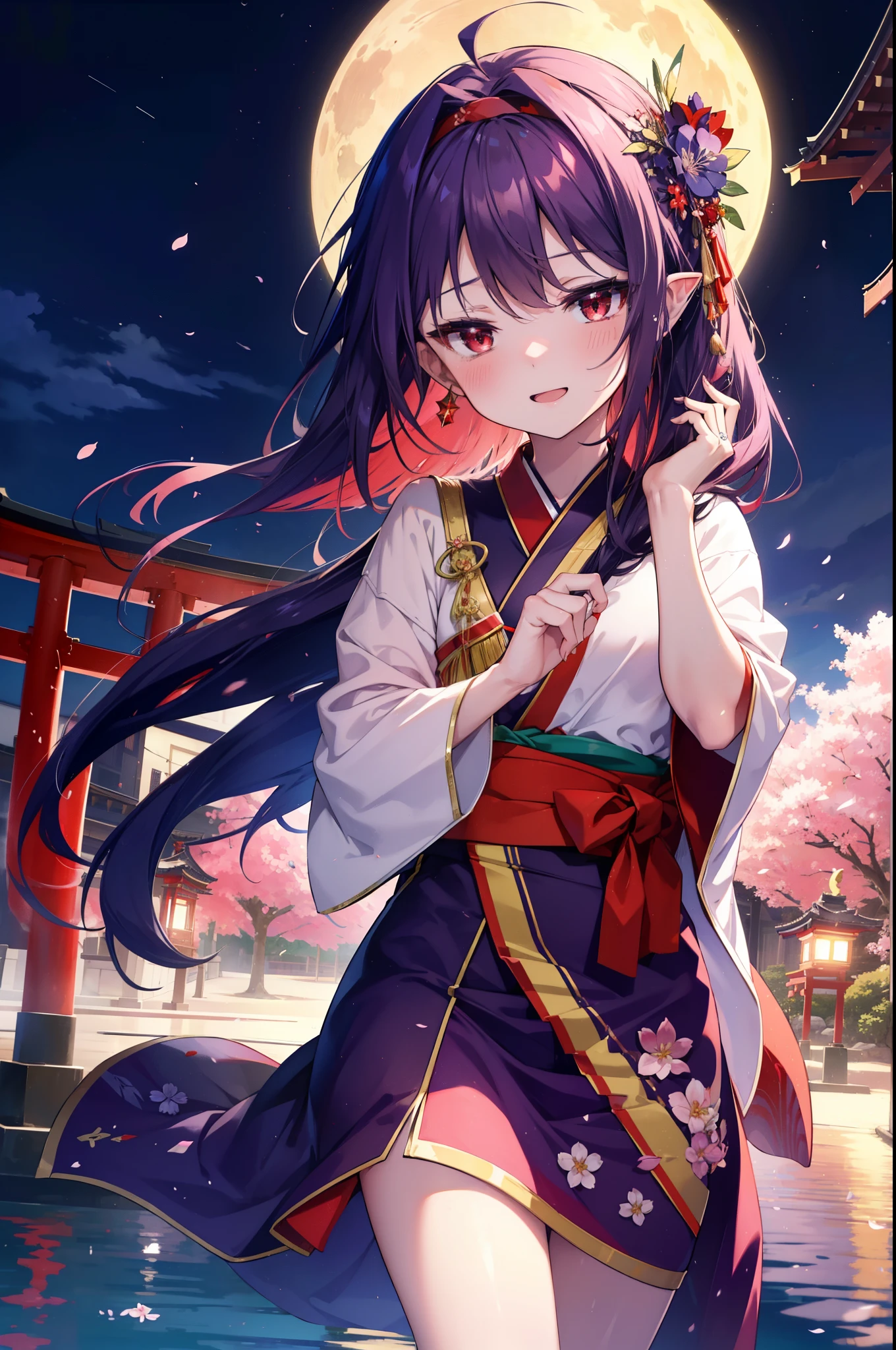 yuukikonno, Yuki Konno, hair band, long hair, pointed ears, purple hair, (red eyes:1.5), (small breasts:1.2), blush,smile,open your mouth,pink floral pattern yukata,mini skirt,barefoot,Zori sandals,SakuraFubuki,Cherry blossom tree-lined path,night festival,moonlight,Red lantern,stall,
break looking at viewer, Upper body, whole body,
break outdoors, shrine,torii,
break (masterpiece:1.2), highest quality, High resolution, unity 8k wallpaper, (figure:0.8), (detailed and beautiful eyes:1.6), highly detailed face, perfect lighting, Very detailed CG, (perfect hands, perfect anatomy),