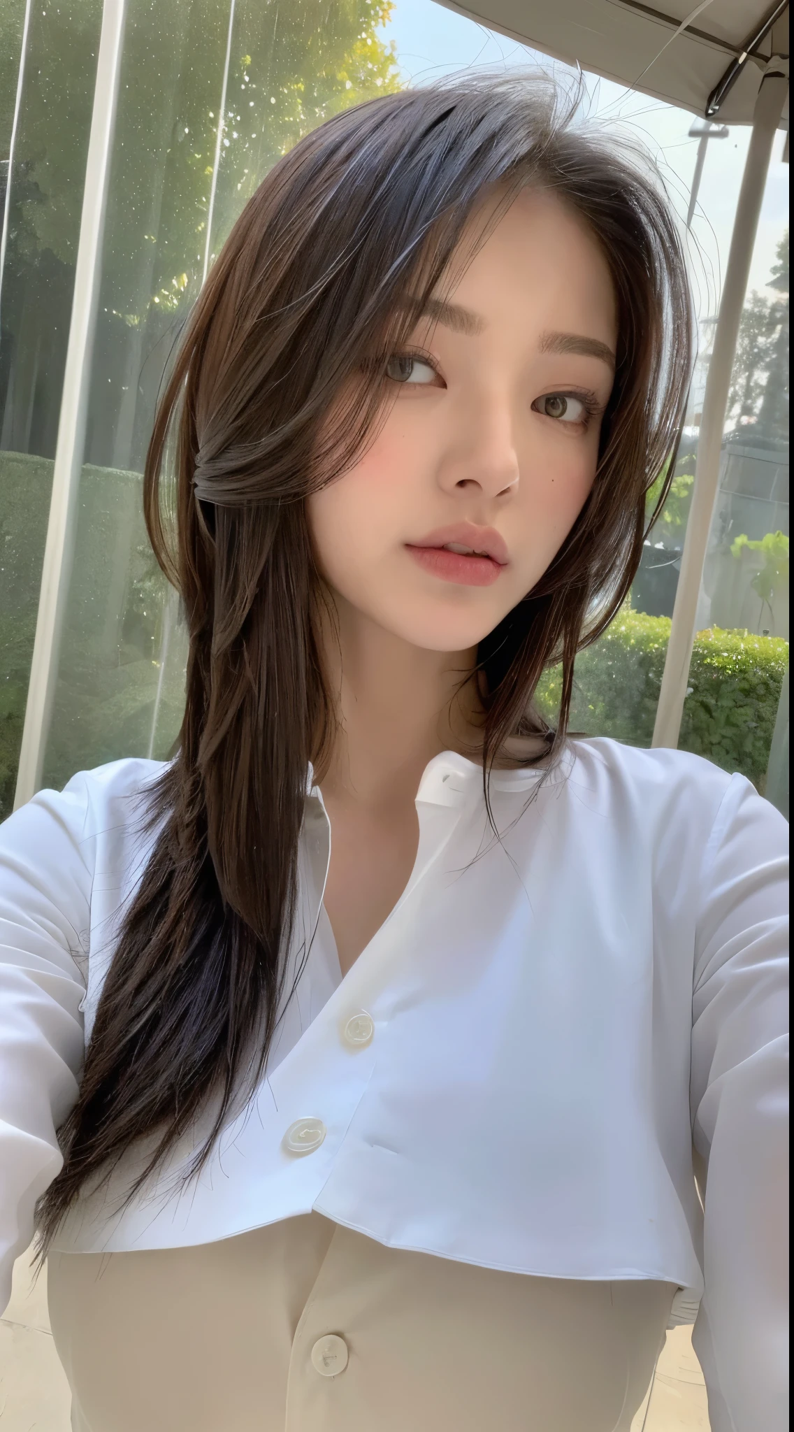 ((best quality, 8 thousand, masterpiece: 1.3)), sharp: 1.2, perfect body beauty: 1.4, slim abs: 1.2, ((layered hairstyle, big bust: 1.2)), (wet White Button Long Shirt: 1.1), (rain, distance: 1.2), wet: 1.5, Highly detailed face and skin textures, detailed eyes, double eyelid, Side face looking at the camera