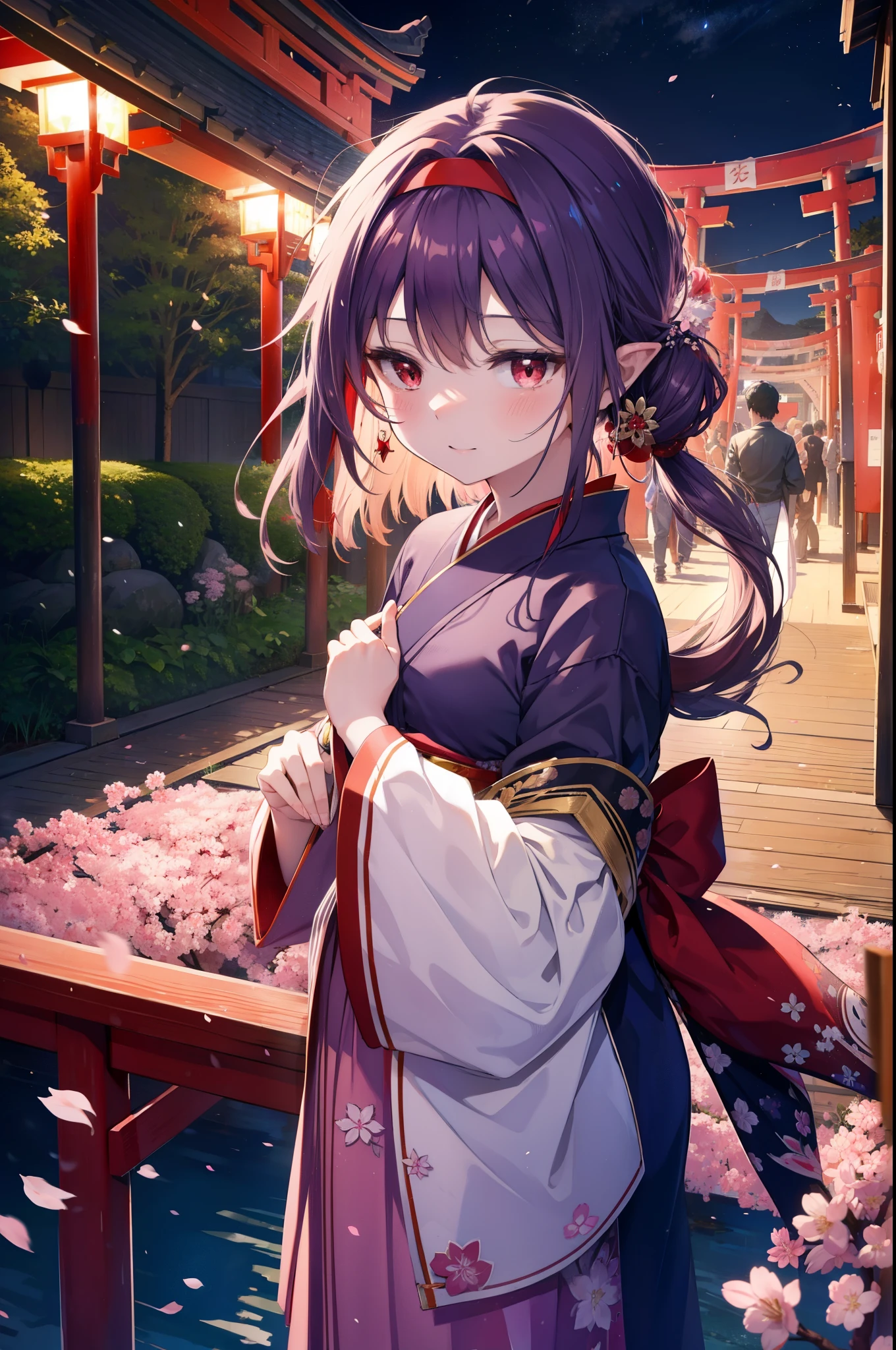 yuukikonno, Yuki Konno, hair band, long hair, pointed ears, purple hair, (red eyes:1.5), (small breasts:1.2), blush,smile,open your mouth,pink floral pattern yukata,mini skirt,barefoot,Zori sandals,SakuraFubuki,Cherry blossom tree-lined path,night festival,moonlight,Red lantern,stall,
break looking at viewer, Upper body, whole body,
break outdoors, shrine,torii,
break (masterpiece:1.2), highest quality, High resolution, unity 8k wallpaper, (figure:0.8), (detailed and beautiful eyes:1.6), highly detailed face, perfect lighting, Very detailed CG, (perfect hands, perfect anatomy),