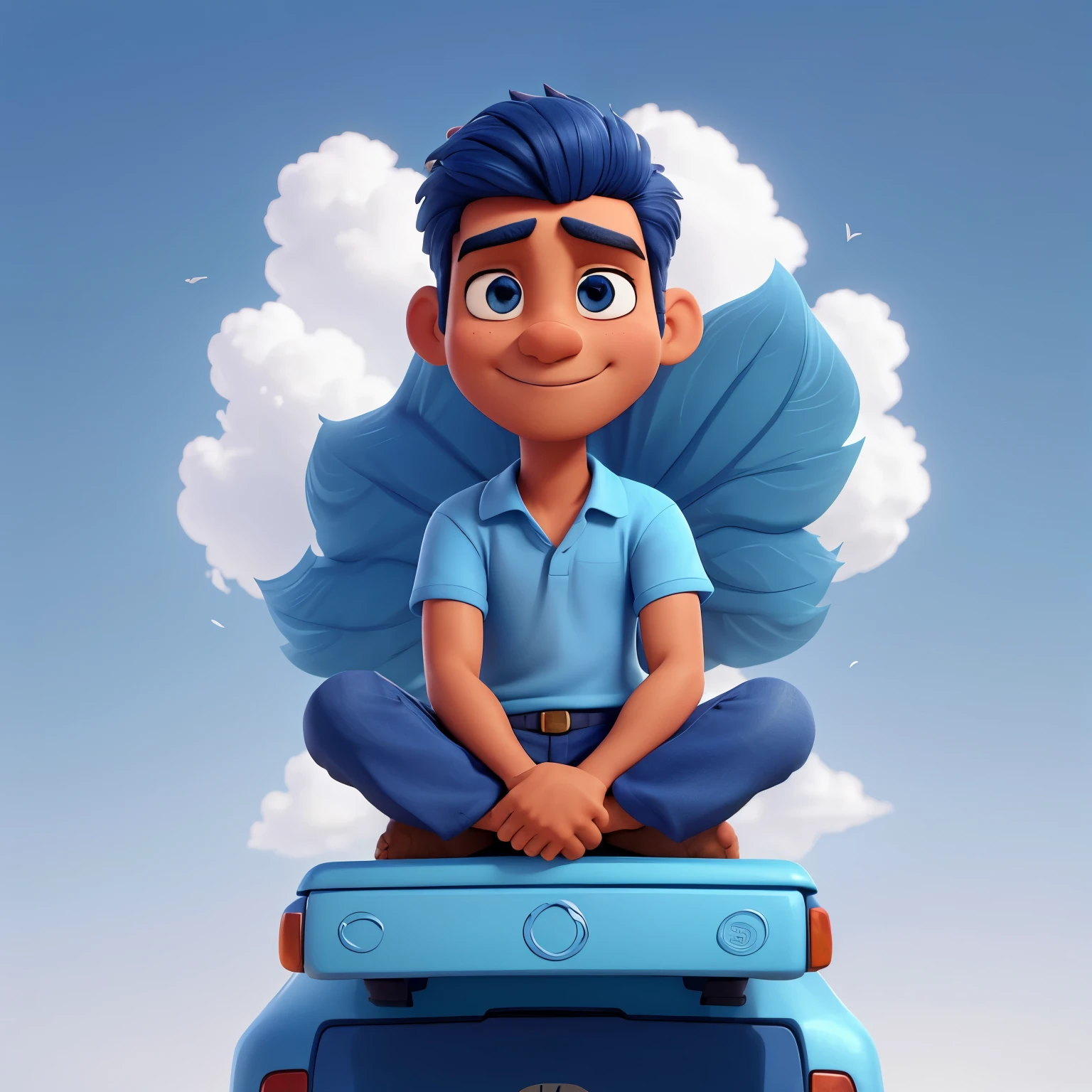 Create a 3D illustration of an Indian animated character, sitting calmly on top of a white truck, O personagem deve vestir uma camisa azul, cabelos curtos, pele clara, slightly slanted eyes and have a healthy body, segurando um iPhone.
The animated Indian character sits casually atop a pristine white truck, his blue shirt flapping gently in the breeze. His short, clear-skinned hair is slightly disheveled, and his lightly pulled eyes reflect a calm, contented expression. His toned, healthy body radiates strength