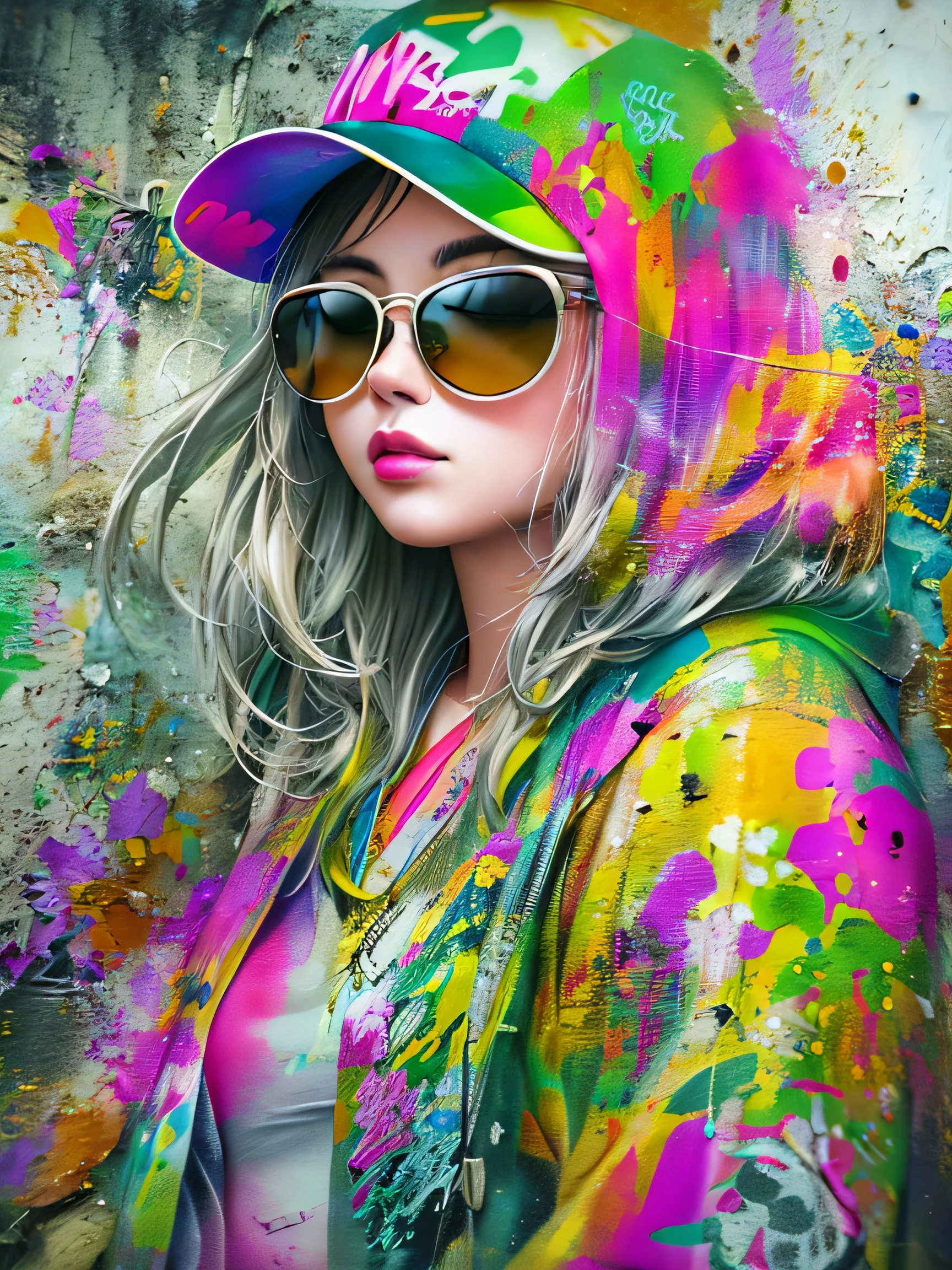 8K quality, watercolor painting, stylish design, (((The strongest beautiful girl of all time))), (((Japanese)))、Stylish sunglasses, Fashionable hats, (((highest quality))), bob hair, HDR, ((Detailed details)), skull fashion, detailed clothing texture, (((graffiti art))), colorful hair, ((masterpiece))、((Super detailed))、colorful flowers