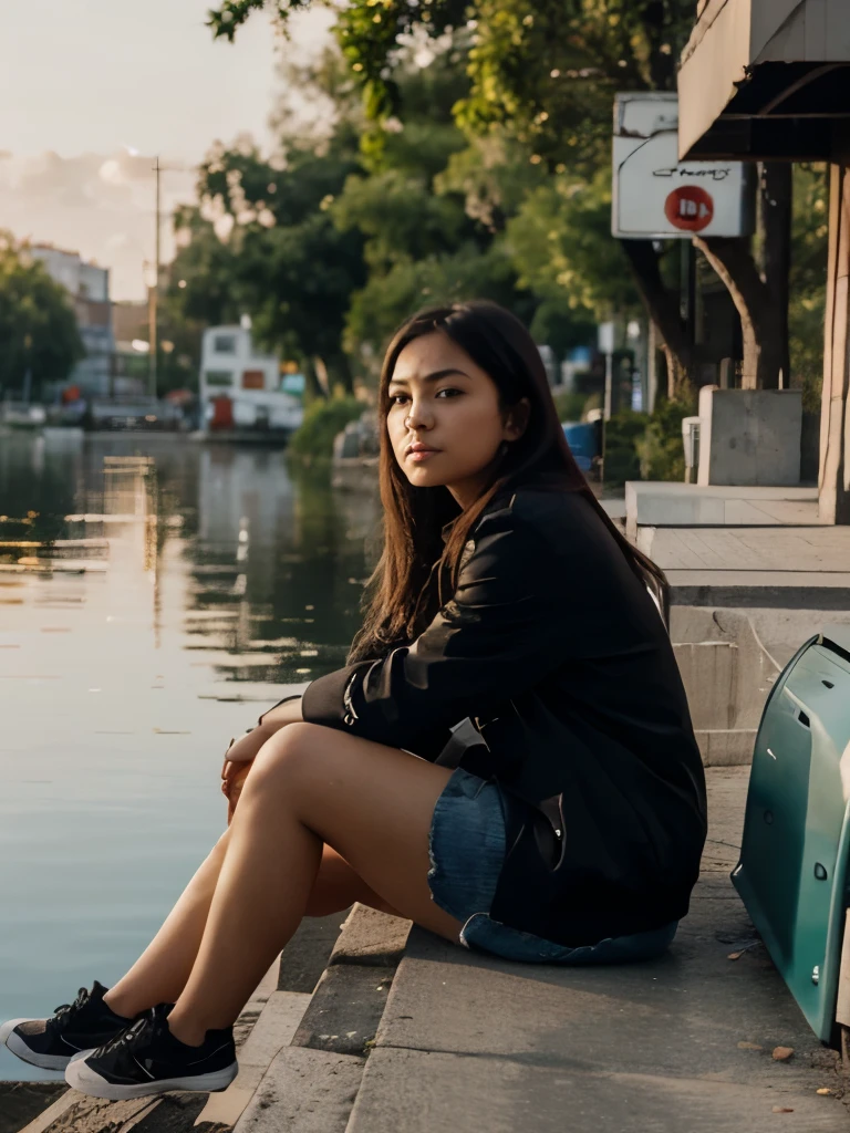 A girl sitting near riverside thinking about something. Morning time