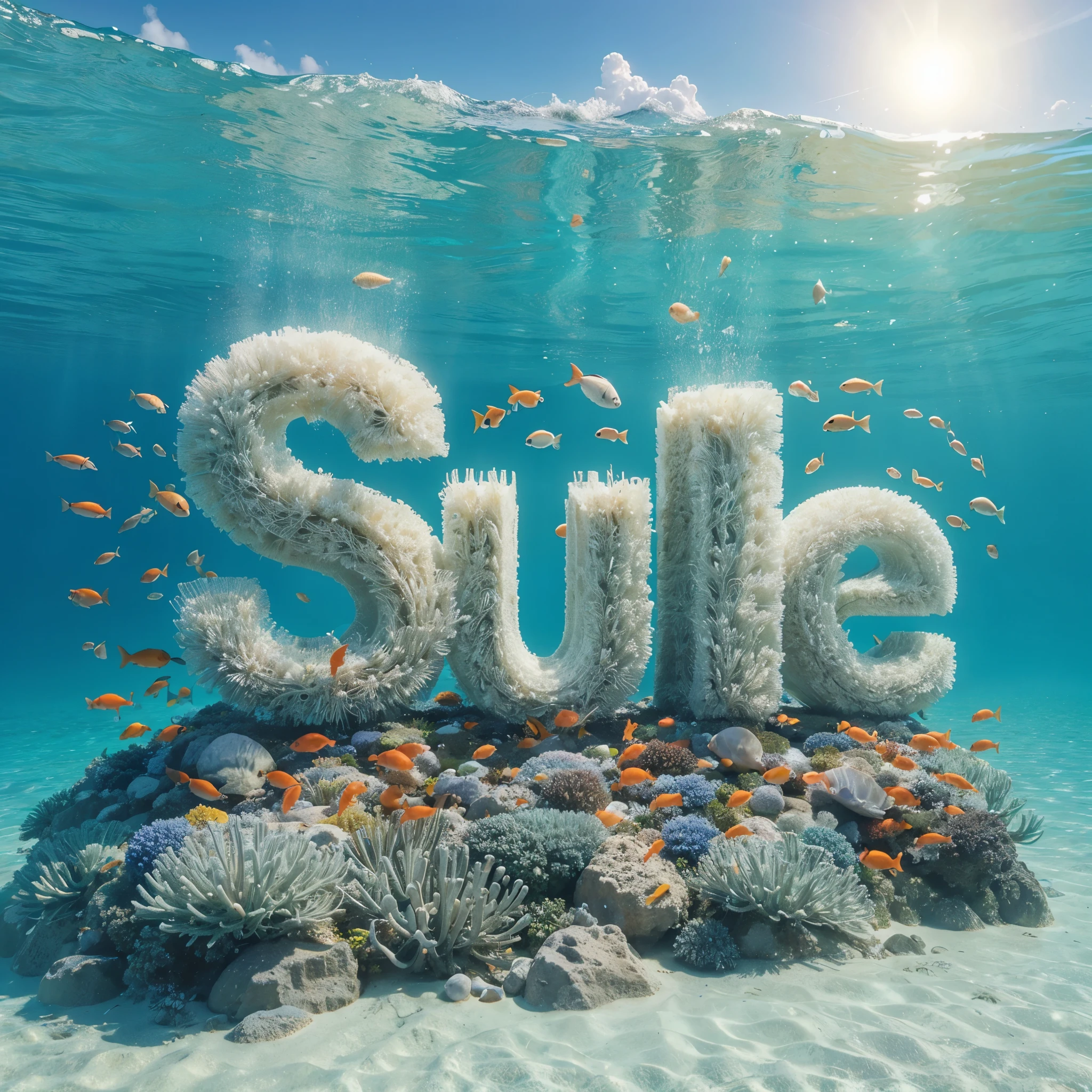 Create a giant 3D name "SULE" in the sea. carved with beautiful clear coral against the backdrop of clear sea and colorful, hyperdetailed, high resolution 300DPI fishes.