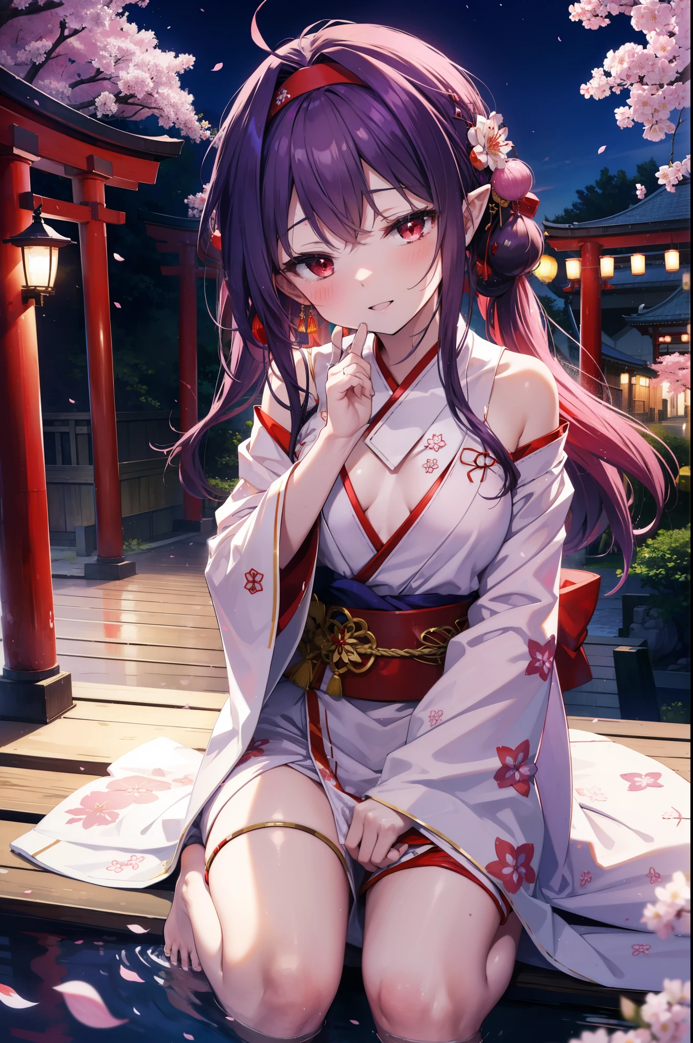 yuukikonno, Yuki Konno, hair band, long hair, pointed ears, purple hair, (red eyes:1.5), (small breasts:1.2), blush,smile,open your mouth,pink floral pattern yukata,mini skirt,barefoot,Zori sandals,SakuraFubuki,Cherry blossom tree-lined path,night festival,moonlight,Red lantern,stall,
break looking at viewer, Upper body, whole body,
break outdoors, shrine,torii,
break (masterpiece:1.2), highest quality, High resolution, unity 8k wallpaper, (figure:0.8), (detailed and beautiful eyes:1.6), highly detailed face, perfect lighting, Very detailed CG, (perfect hands, perfect anatomy),