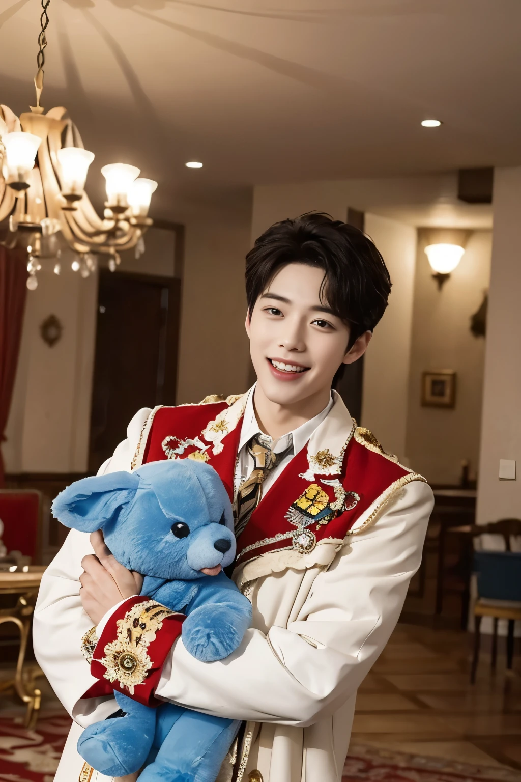 A handsome man in a gorgeously decorated room. highest quality, masterpiece, ultra high resolution 　Looking at me and smiling　Multiple cute stuffed animals with very emotional expressions　smiling with his mouth wide open