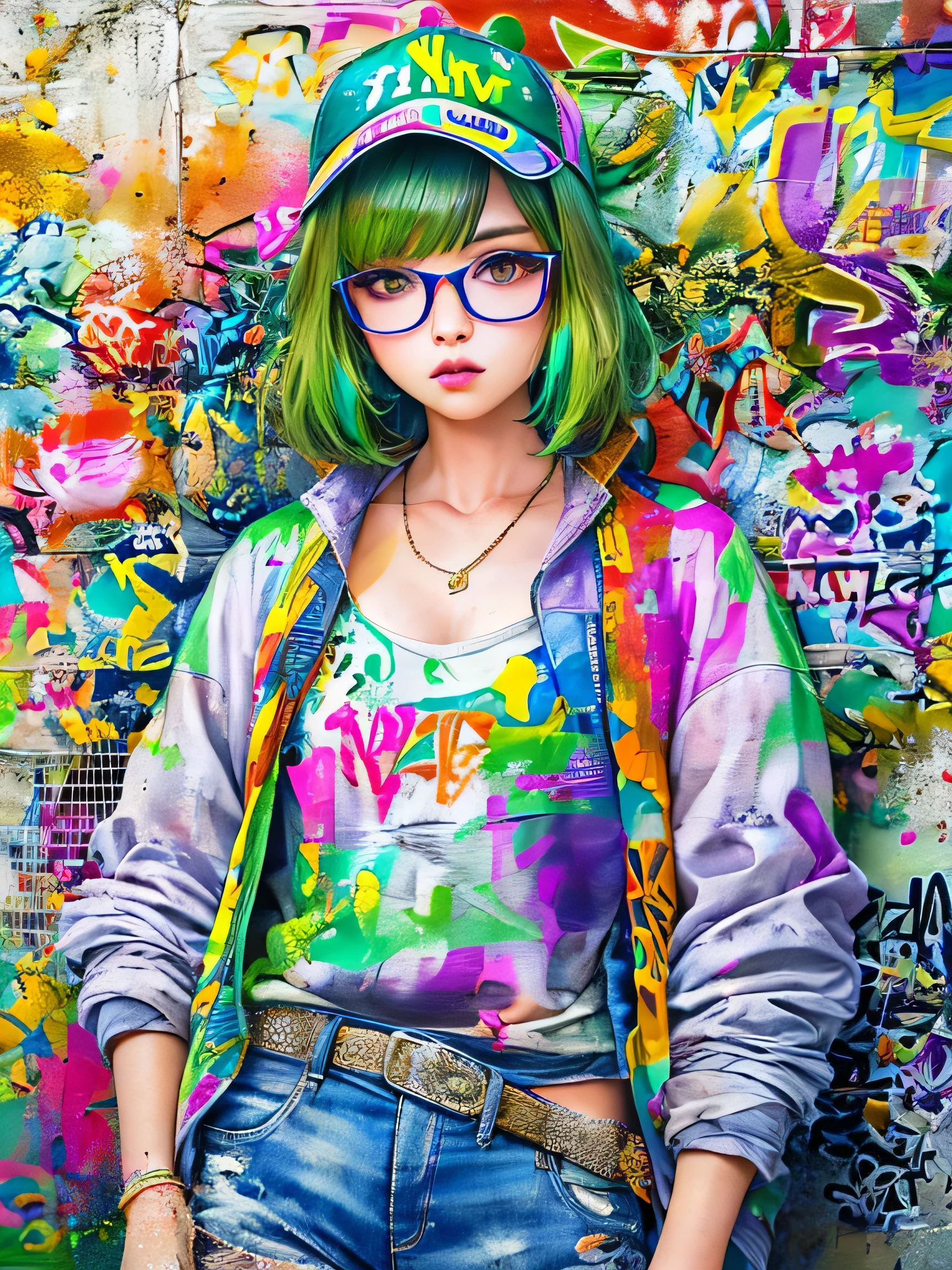 8K quality, watercolor painting, stylish design, (((The strongest beautiful girl of all time))), (((Japanese)))、Idol、clear, stylish glasses, Fashionable hats, (((highest quality))), bob hair, put your hand on the wall, HDR, ((Detailed details)), stylish fashion, detailed clothing texture, (((graffiti art))), colorful hair, ((masterpiece))、((Super detailed))、colorful flowers、scent of spring、Navel exposure