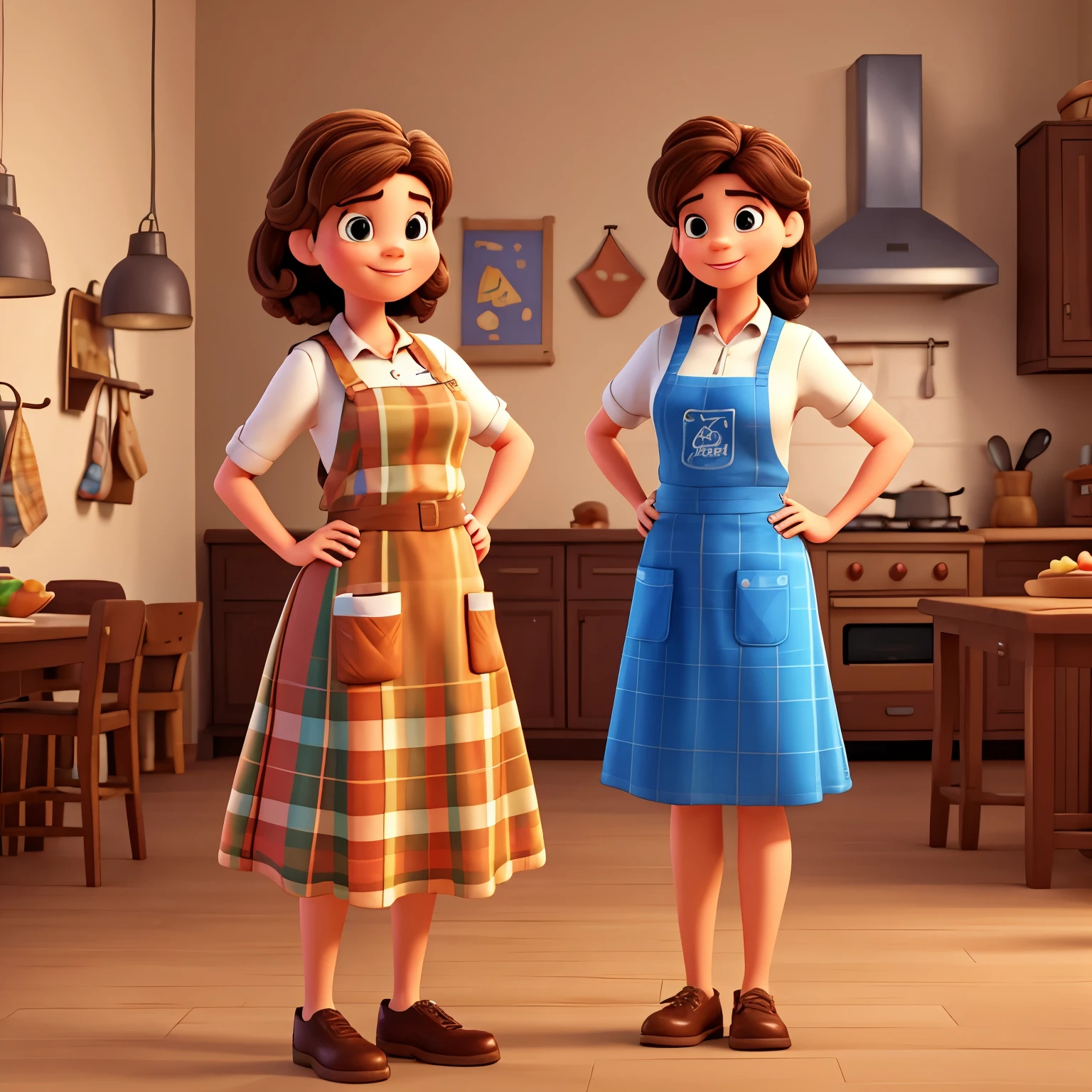 Create a Disney Pixar 3D style cartoon scene 30-year-old tall woman, straight brown hair little volume fat chef with plaid apron with candy in hand